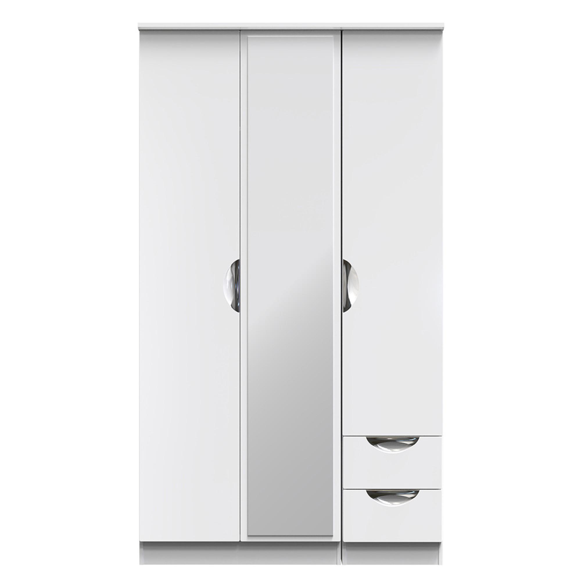 Camden Wardrobe - 3 Door - Tall Combi - with 1 Mirror - RHF 2 Drawers - White Gloss