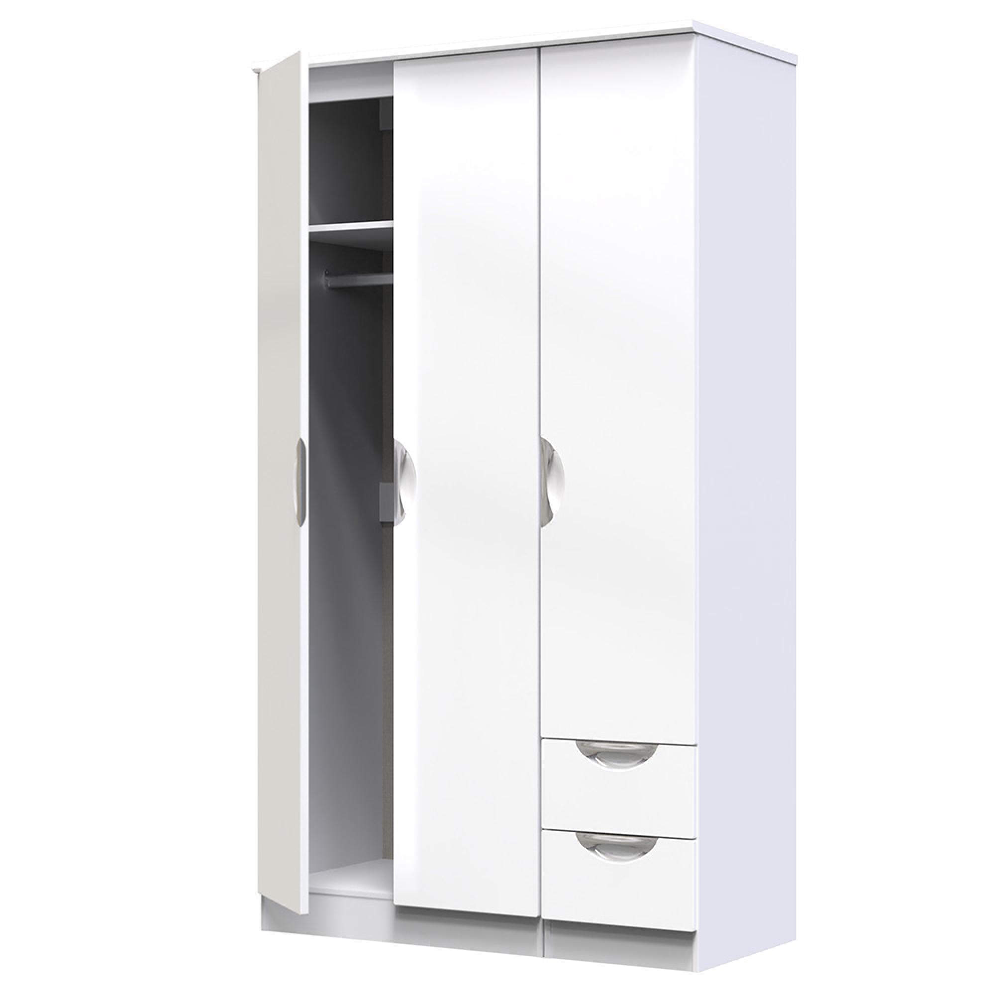 Camden Wardrobe - 3 Door - Tall Triple - RHF 2 Drawers - White Gloss
