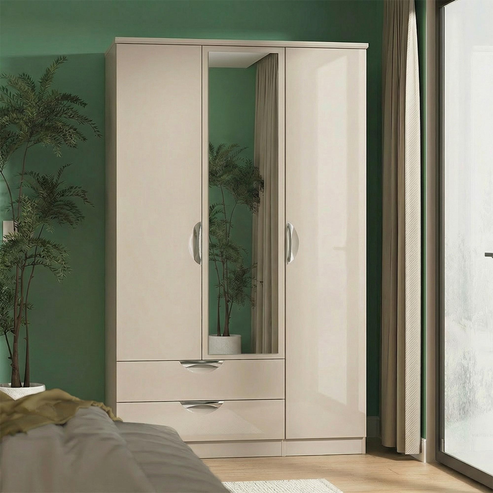 Camden Wardrobe - 3 Door - Tall Combi - with 1 Mirror - LHF 2 Drawers - Cashmere