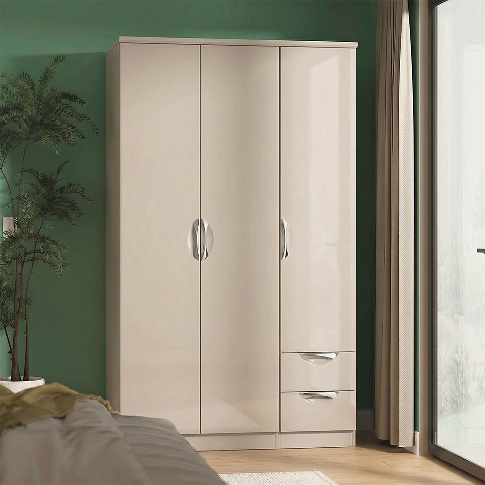Camden Wardrobe - 3 Door - Tall Triple - RHF 2 Drawers - Gloss Cashmere