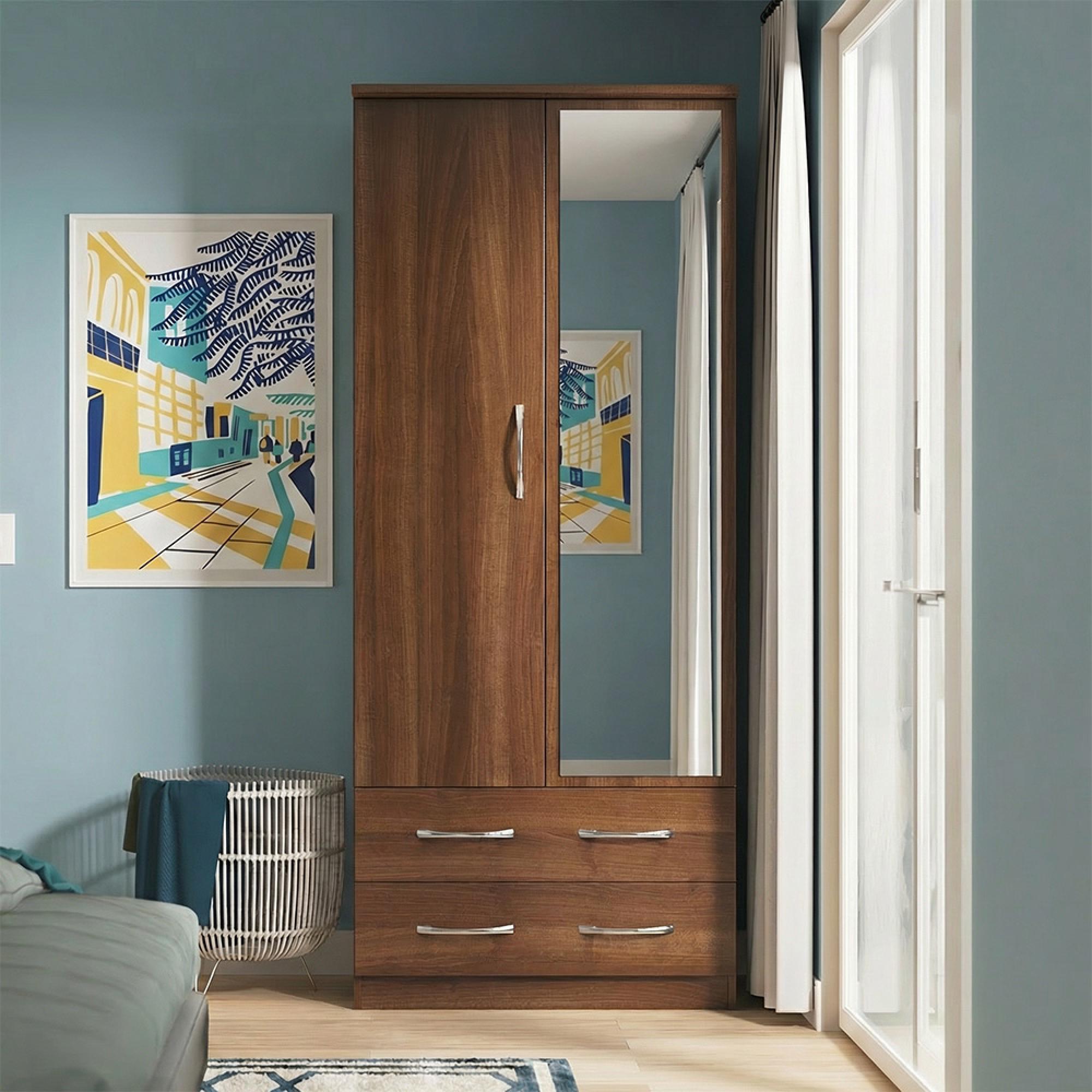 Avon Wardrobe - 2 Door - Combi with 1 Mirror - Walnut