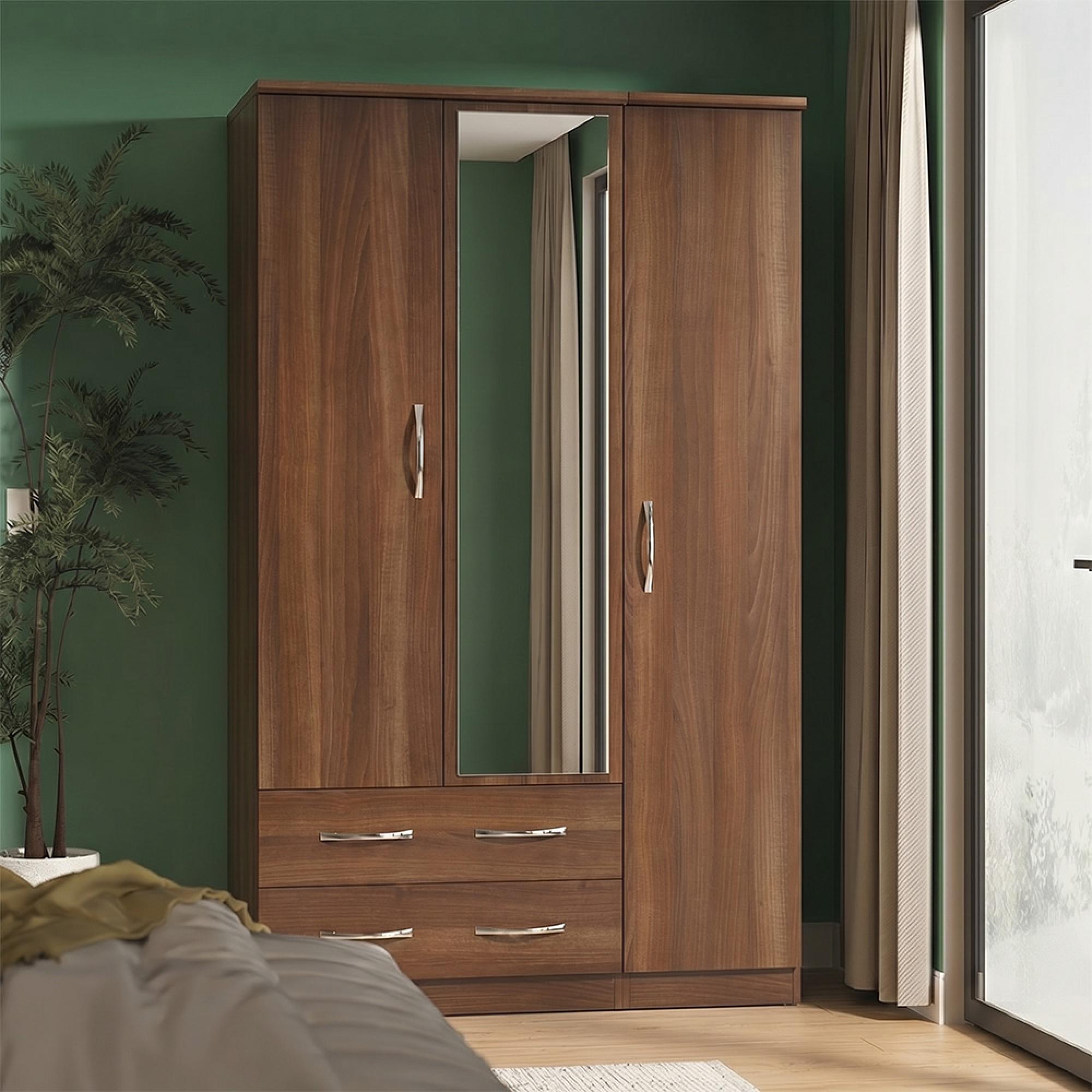 Avon Wardrobe - 3 Door - Combi with 1 Mirror - LHF 2 Drawers - Walnut