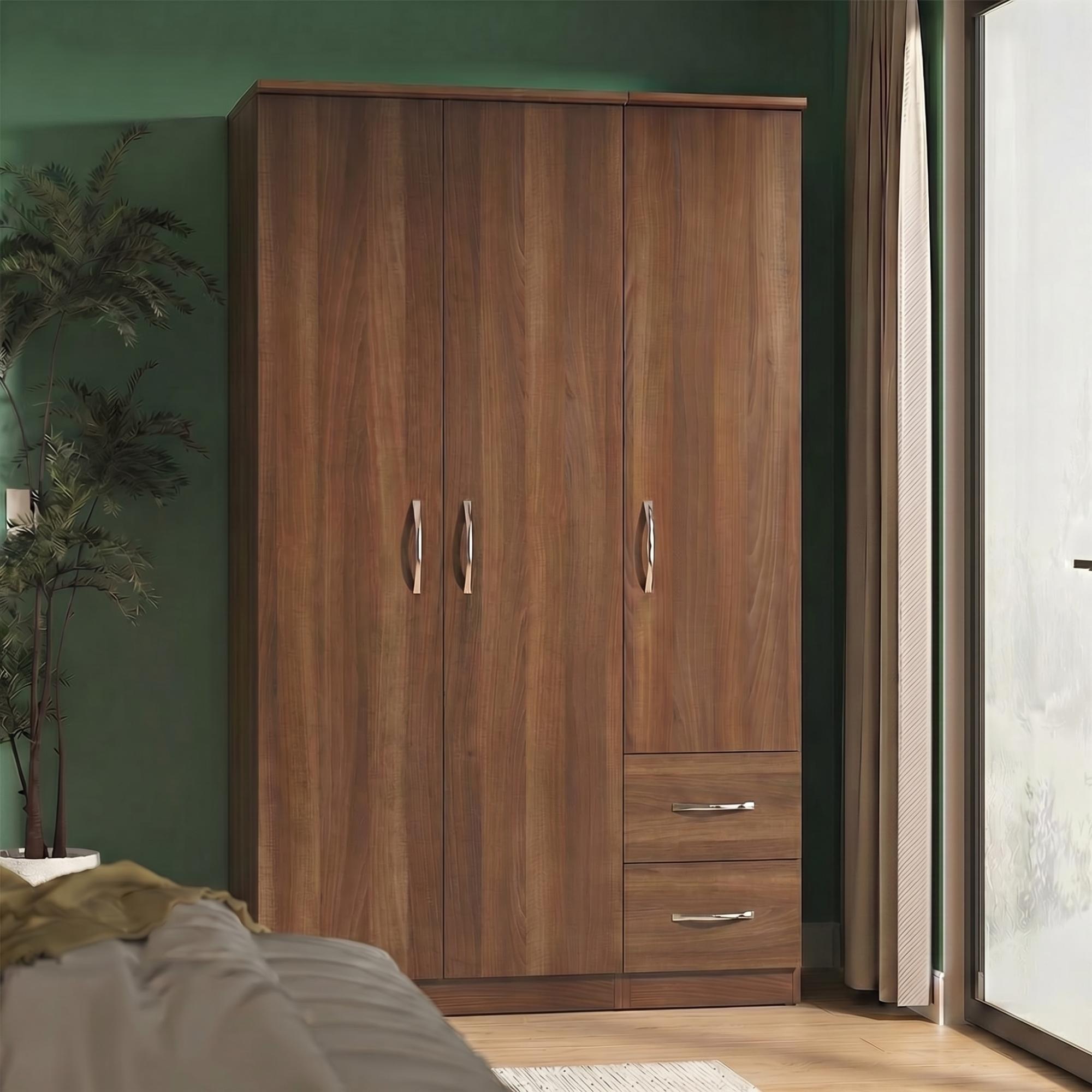 Avon Wardrobe - 3 Door - Triple - with RHF 2 Drawers - Walnut