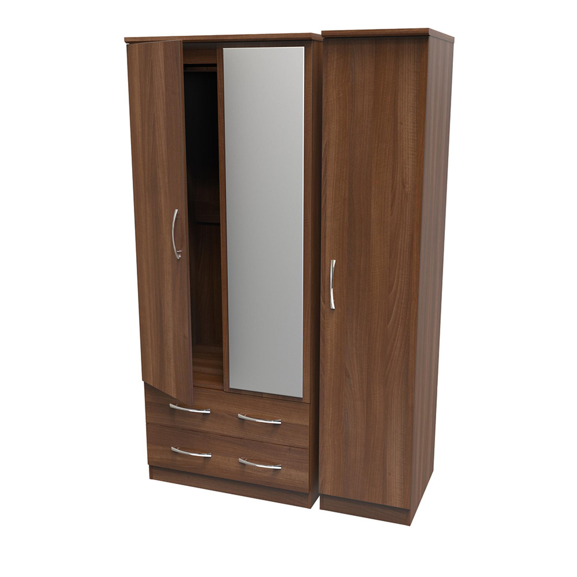 Avon Wardrobe - 3 Door - Combi with 1 Mirror - LHF 2 Drawers - Walnut