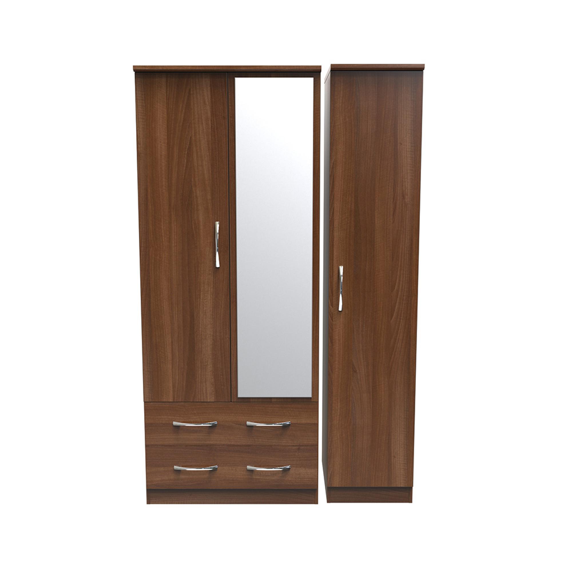 Avon Wardrobe - 3 Door - Combi with 1 Mirror - LHF 2 Drawers - Walnut