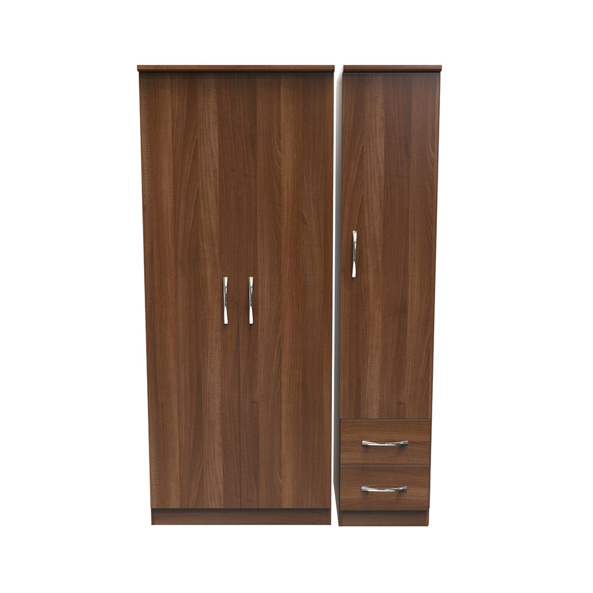 Avon Wardrobe - 3 Door - Triple - with RHF 2 Drawers - Walnut