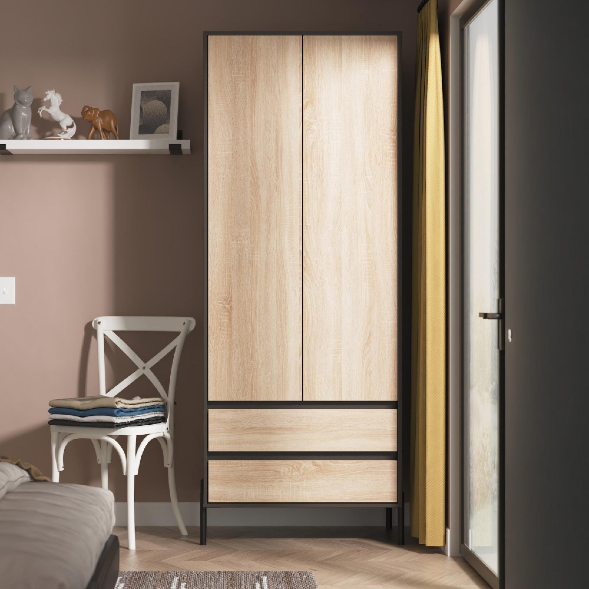 Leona Wardrobe - 2 Door - 2 Drawer - Tall - Bardolino Oak and Graphite
