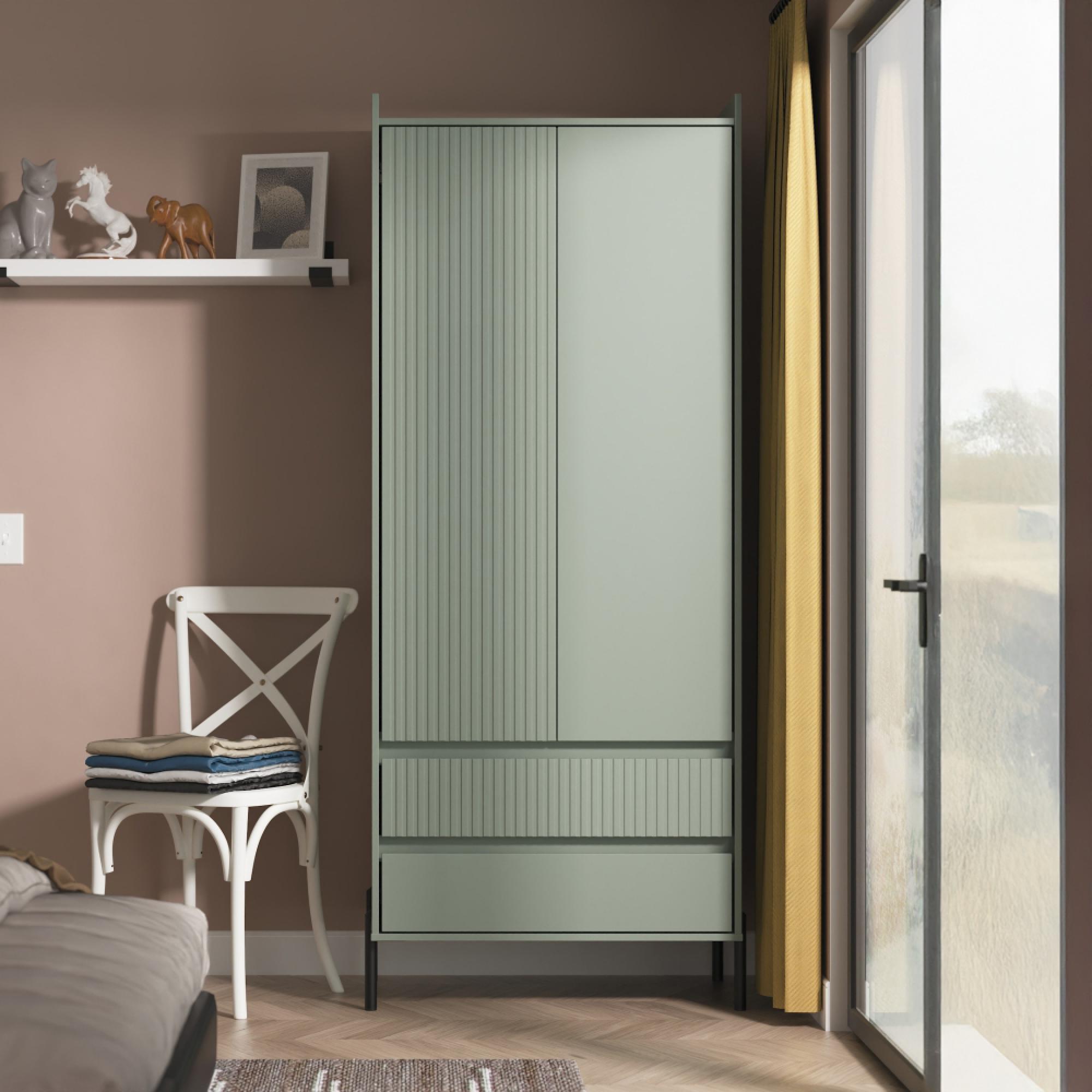 Osaka Wardrobe - 2 Door - 2 Drawer - Tall - Reed Green Fluted