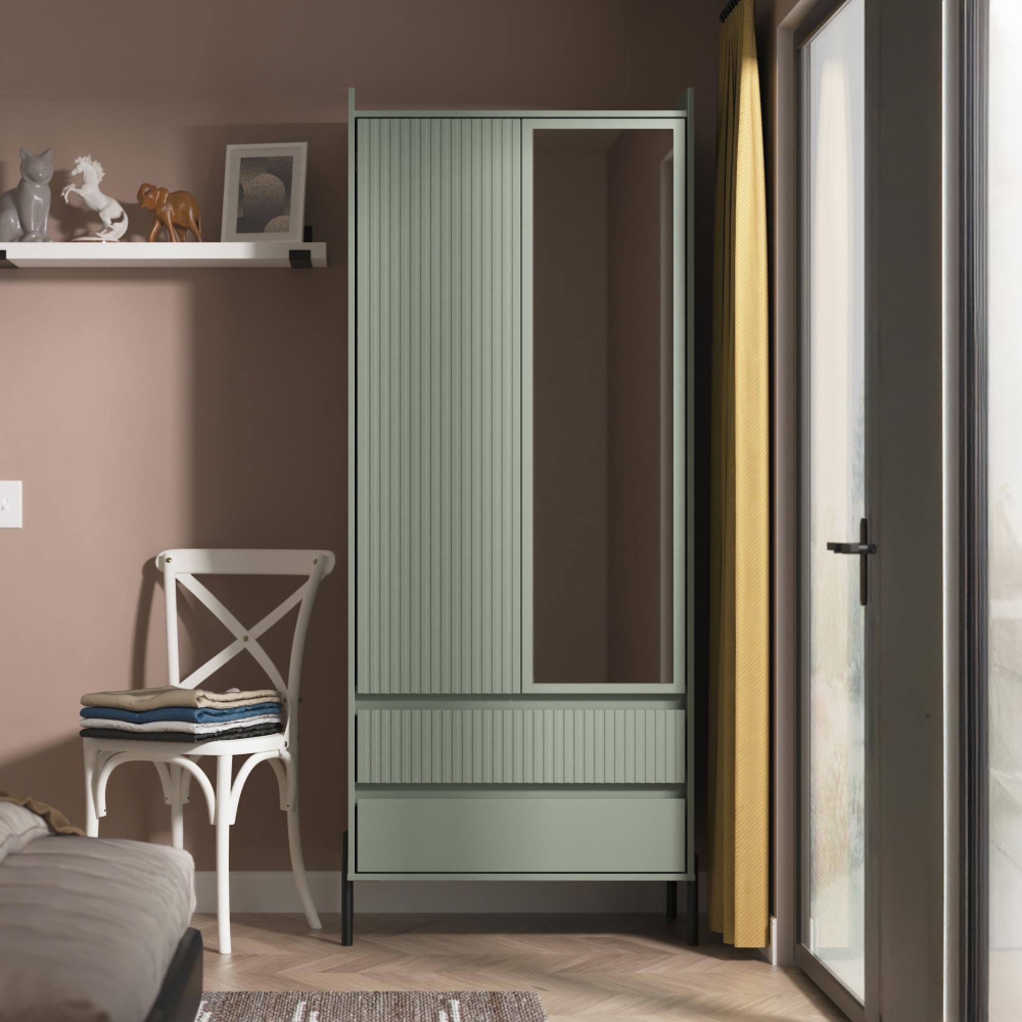 Osaka Wardrobe - 2 Door - Combi with 1 Mirror - Reed Green Fluted