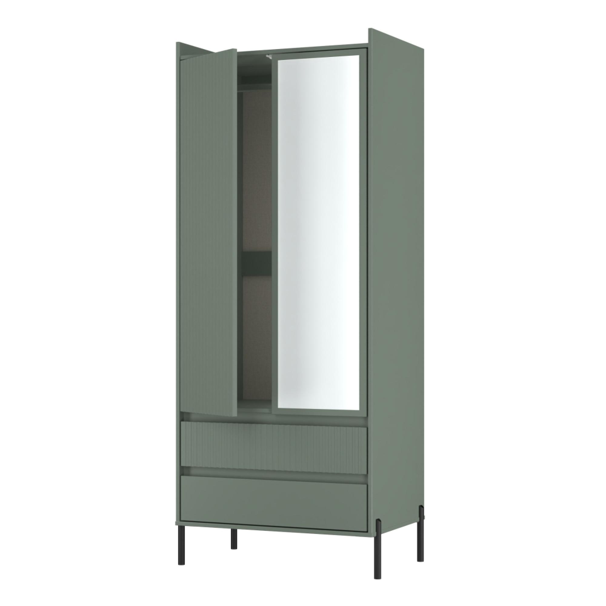 Osaka Wardrobe - 2 Door - Combi with 1 Mirror - Reed Green Fluted