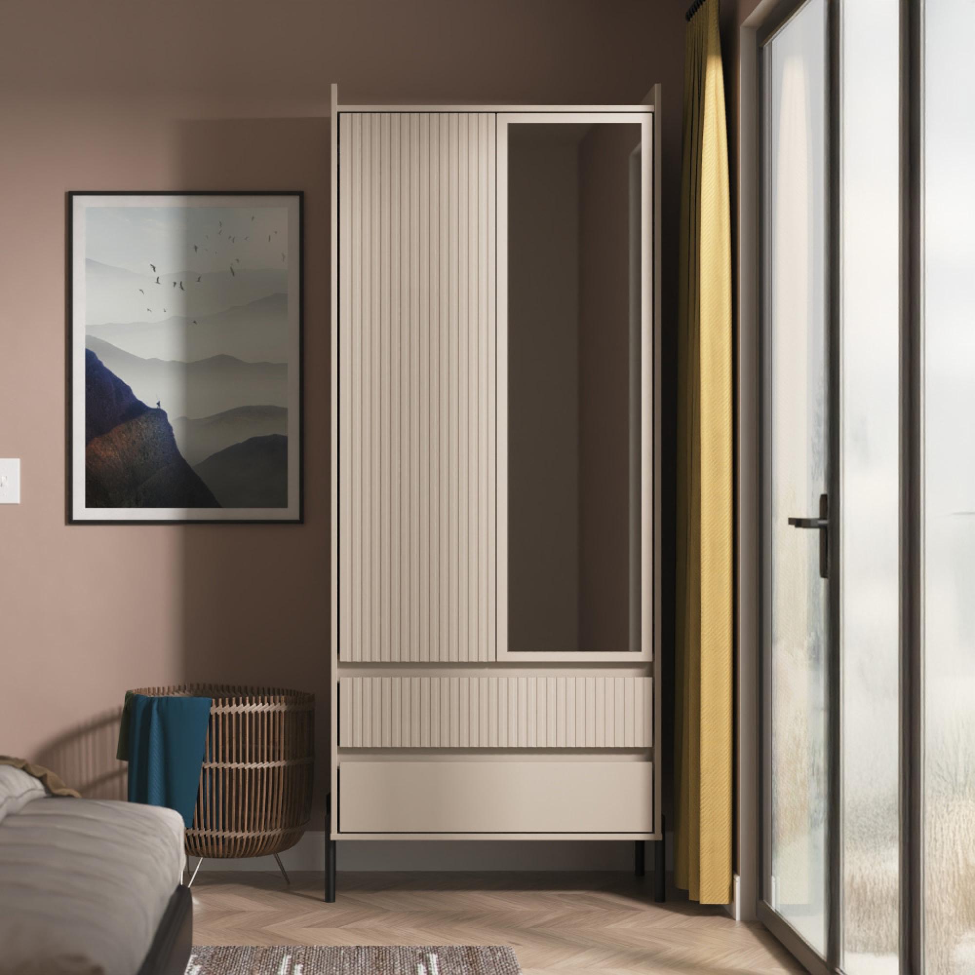 Osaka Wardrobe - 2 Door - Combi with 1 Mirror - Mushroom Matt Fluted