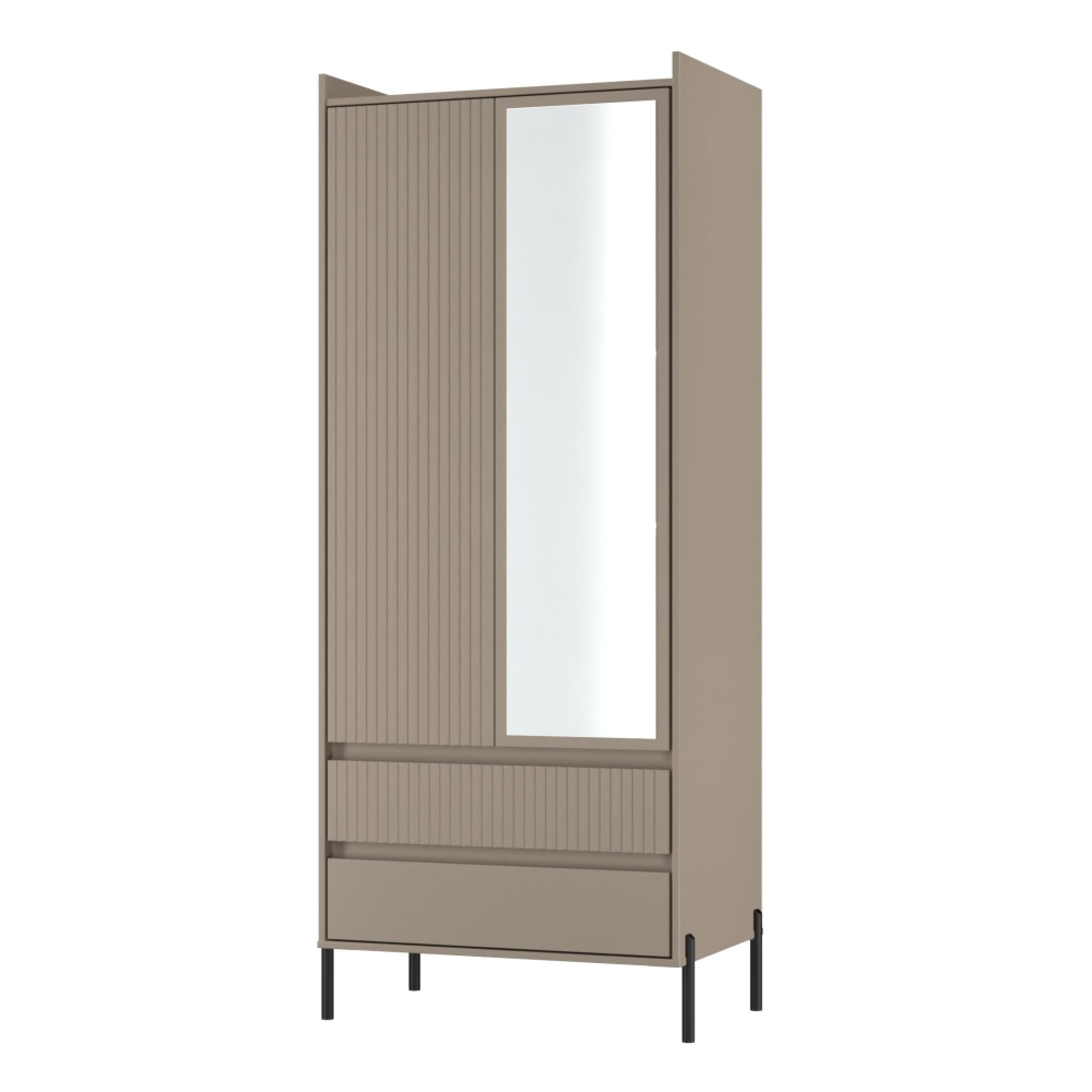 Osaka Wardrobe - 2 Door - Combi with 1 Mirror - Mushroom Matt Fluted