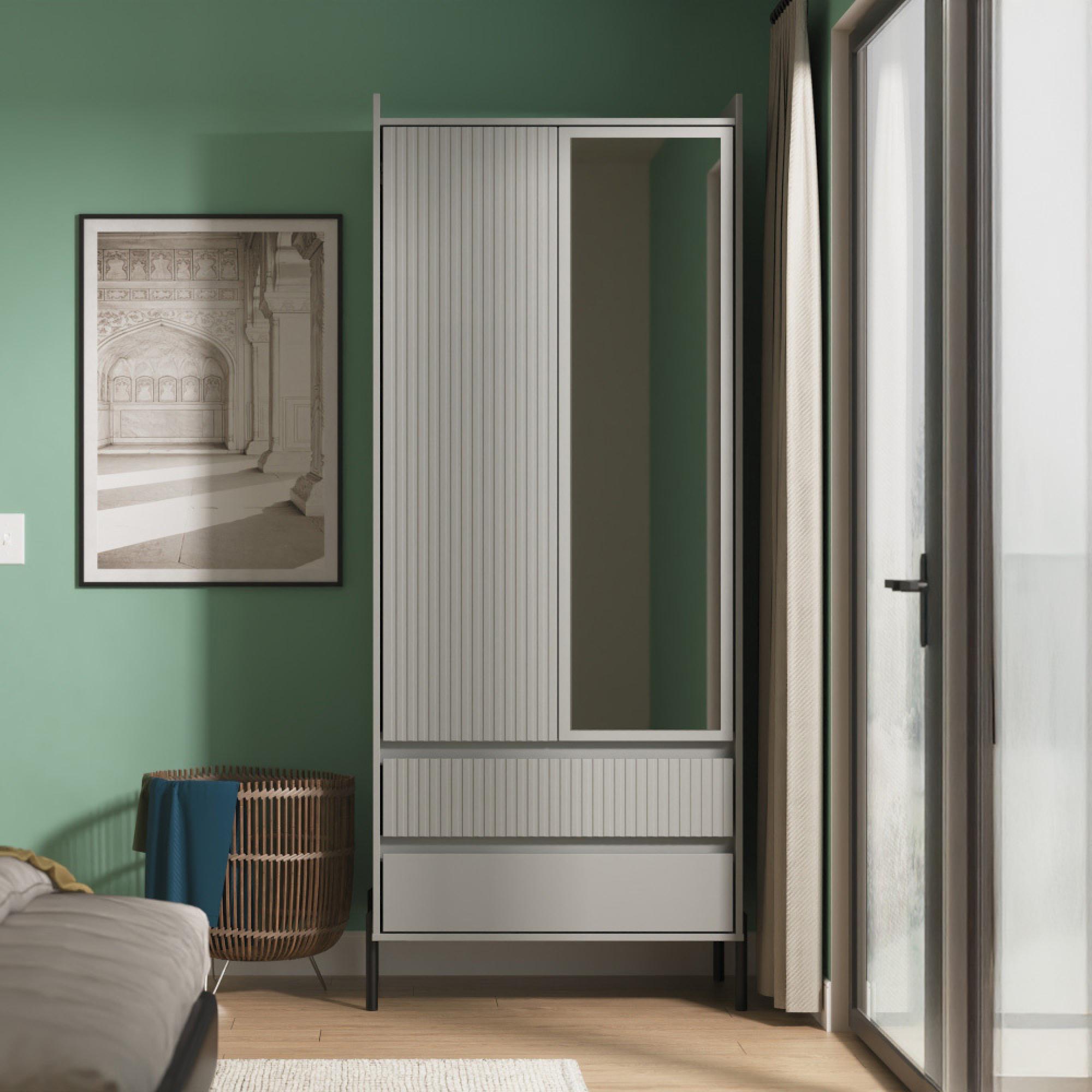 Osaka Wardrobe - 2 Door - Combi with 1 Mirror - Dusk Grey Fluted