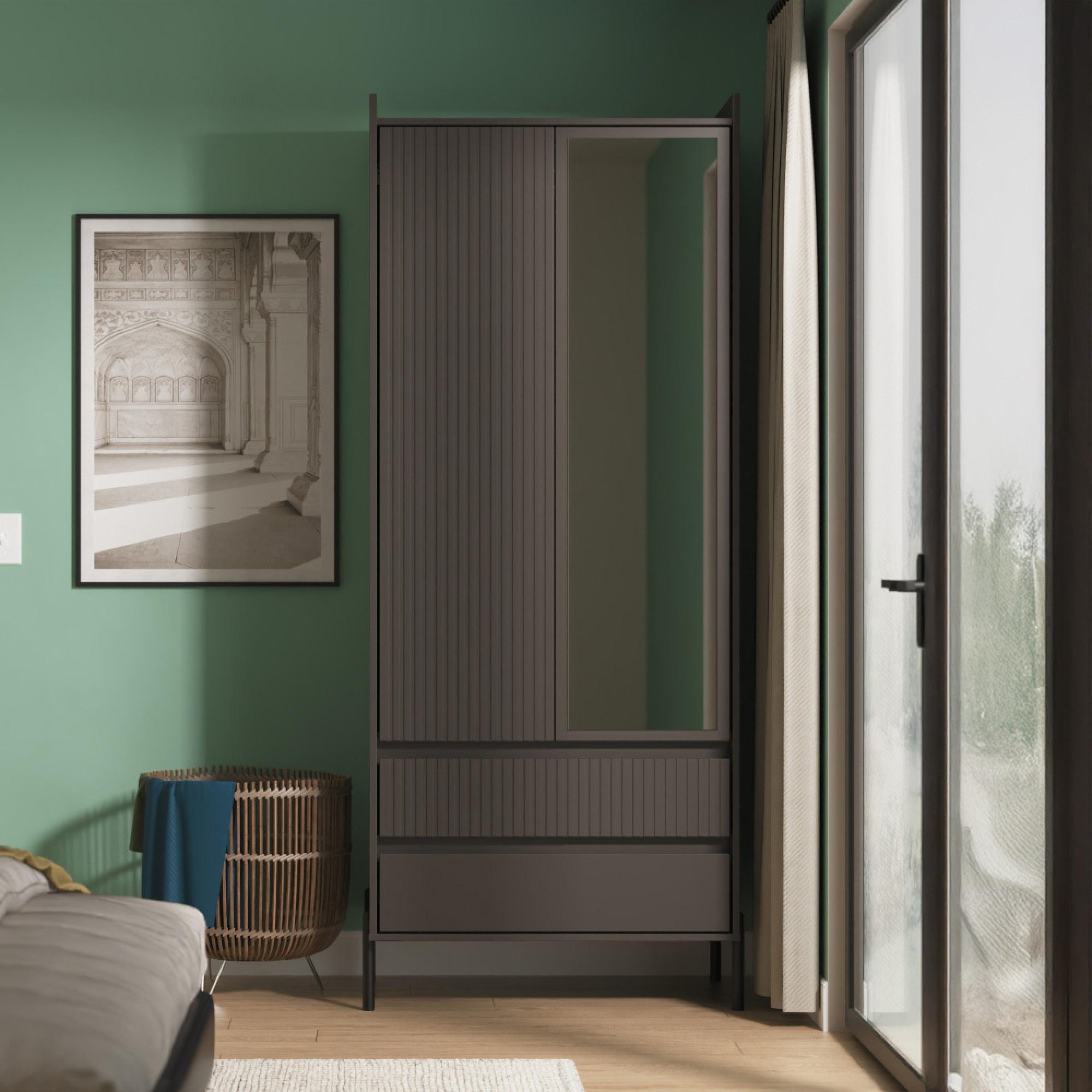 Osaka Wardrobe - 2 Door - Combi with 1 Mirror - Graphite Fluted