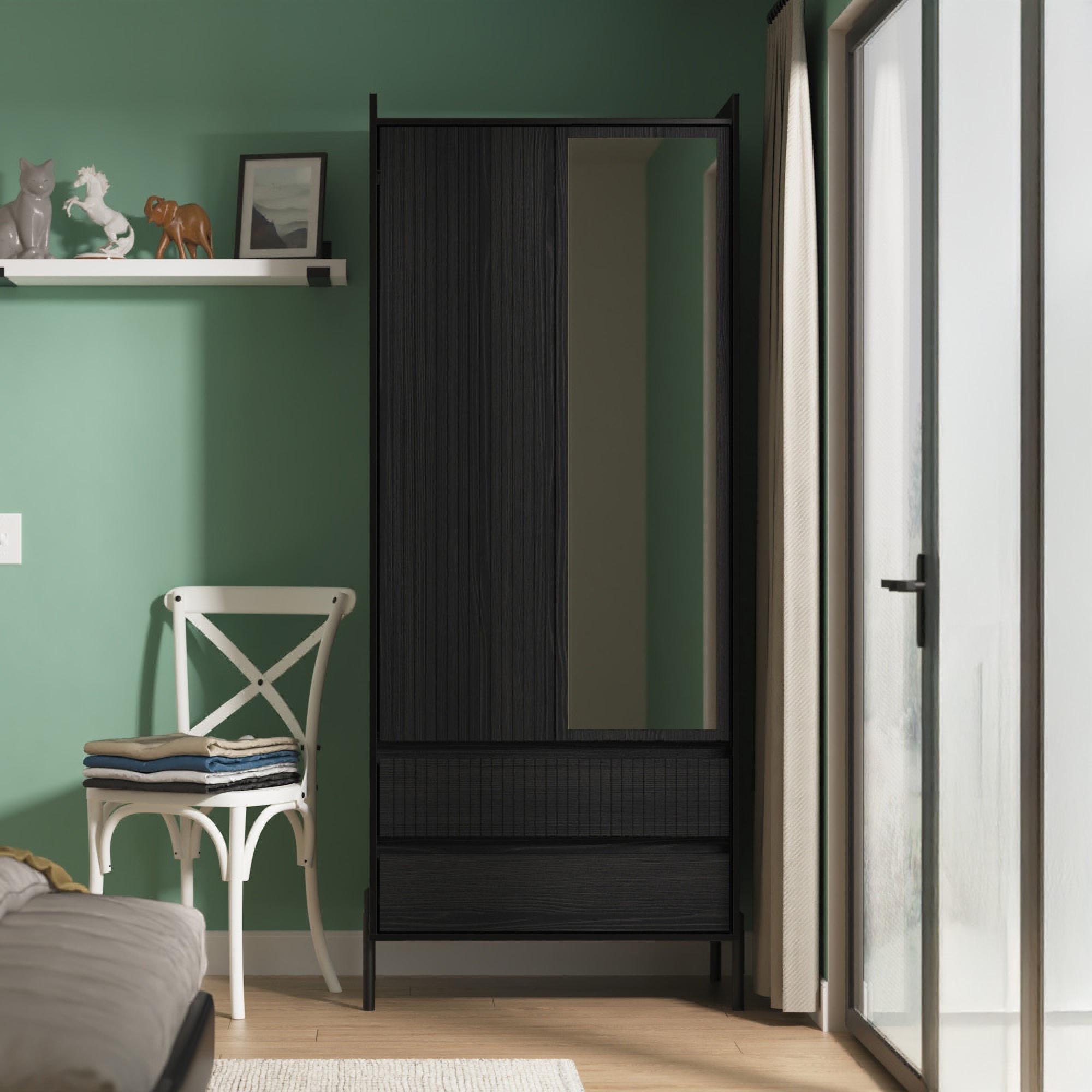 Osaka Wardrobe - 2 Door - Combi with 1 Mirror - Black Ash Fluted