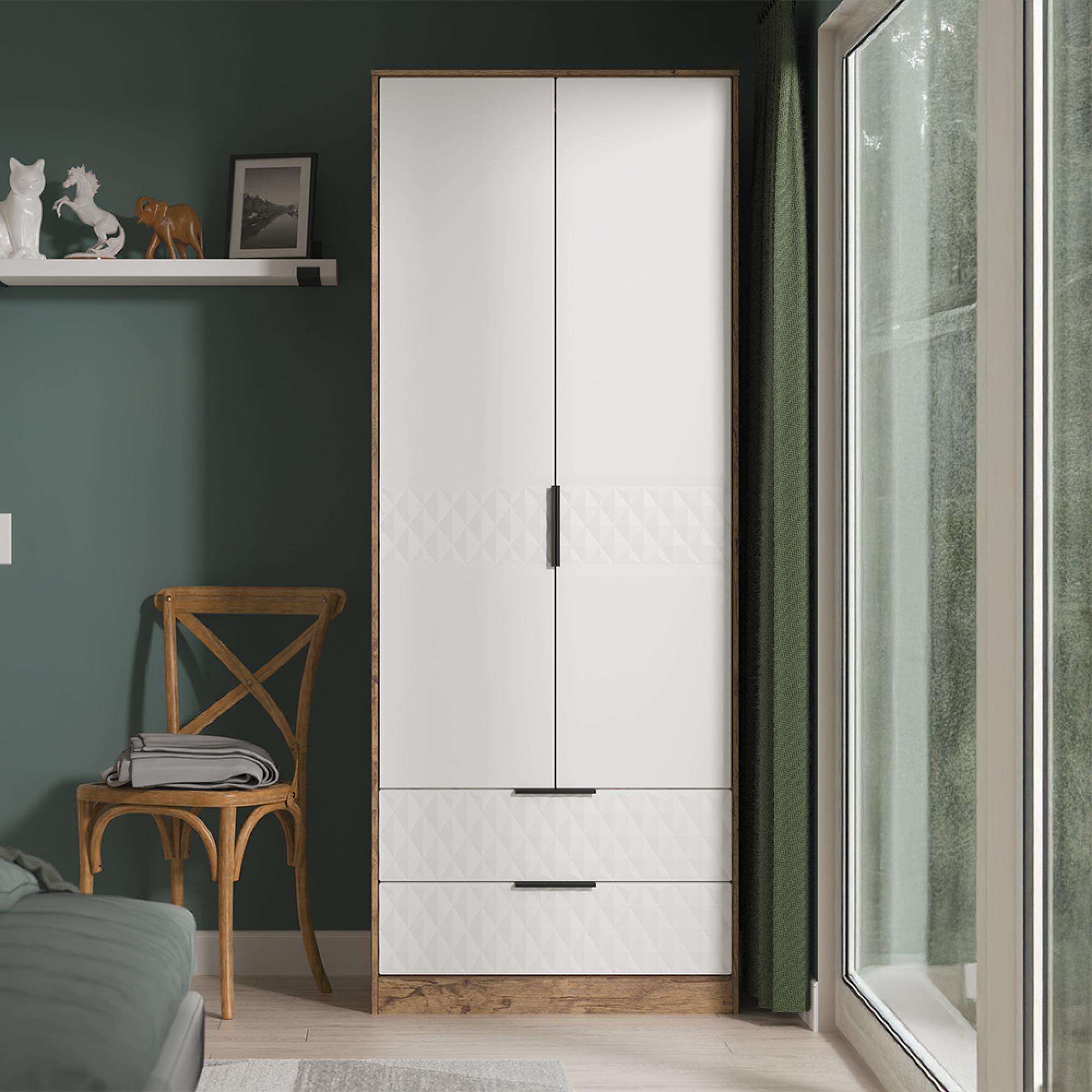 Harlequin Wardrobe - 2 Door - 2 Drawer - Tall - White Matt and Vintage Oak