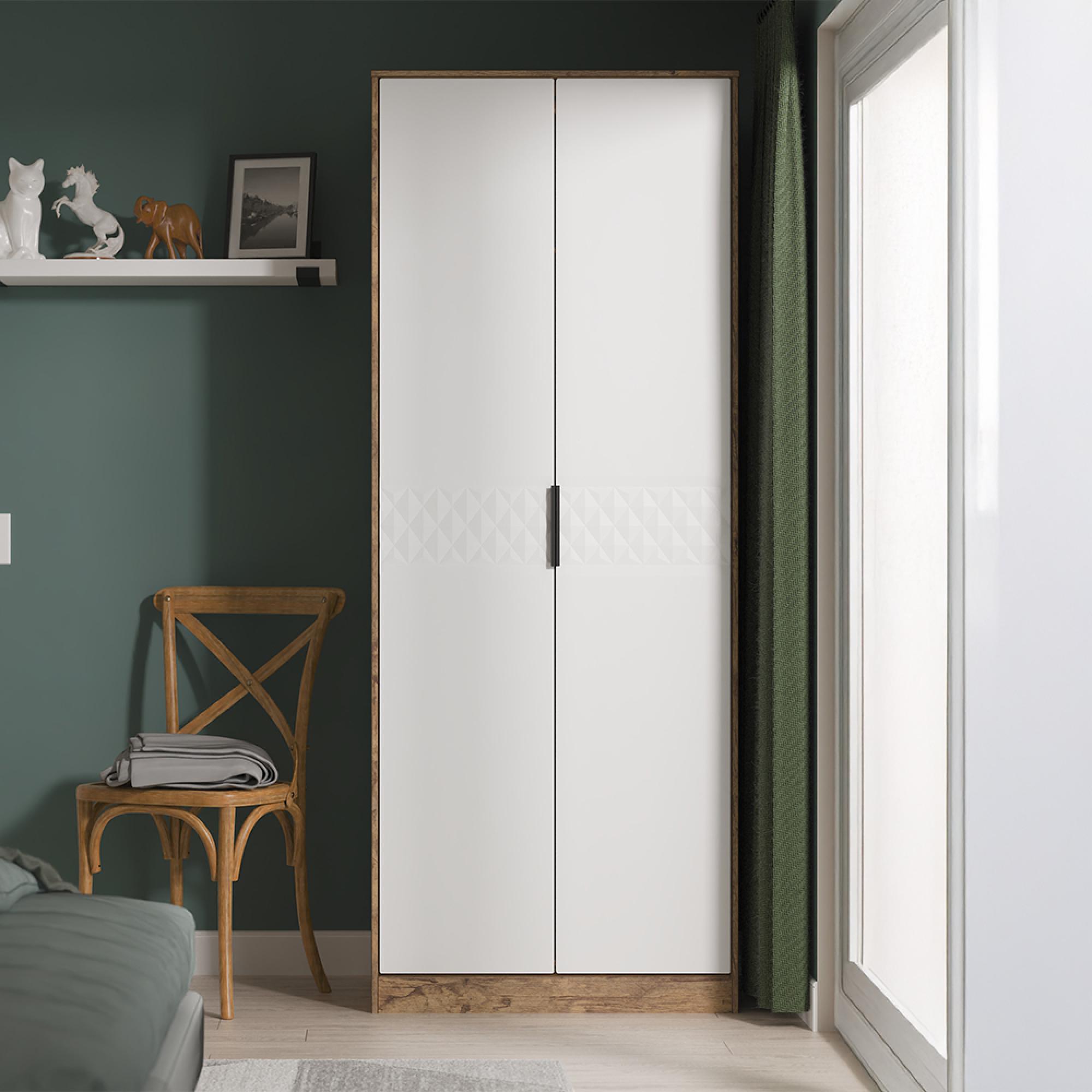 Harlequin Wardrobe - 2 Door - Tall - White Matt and Vintage Oak