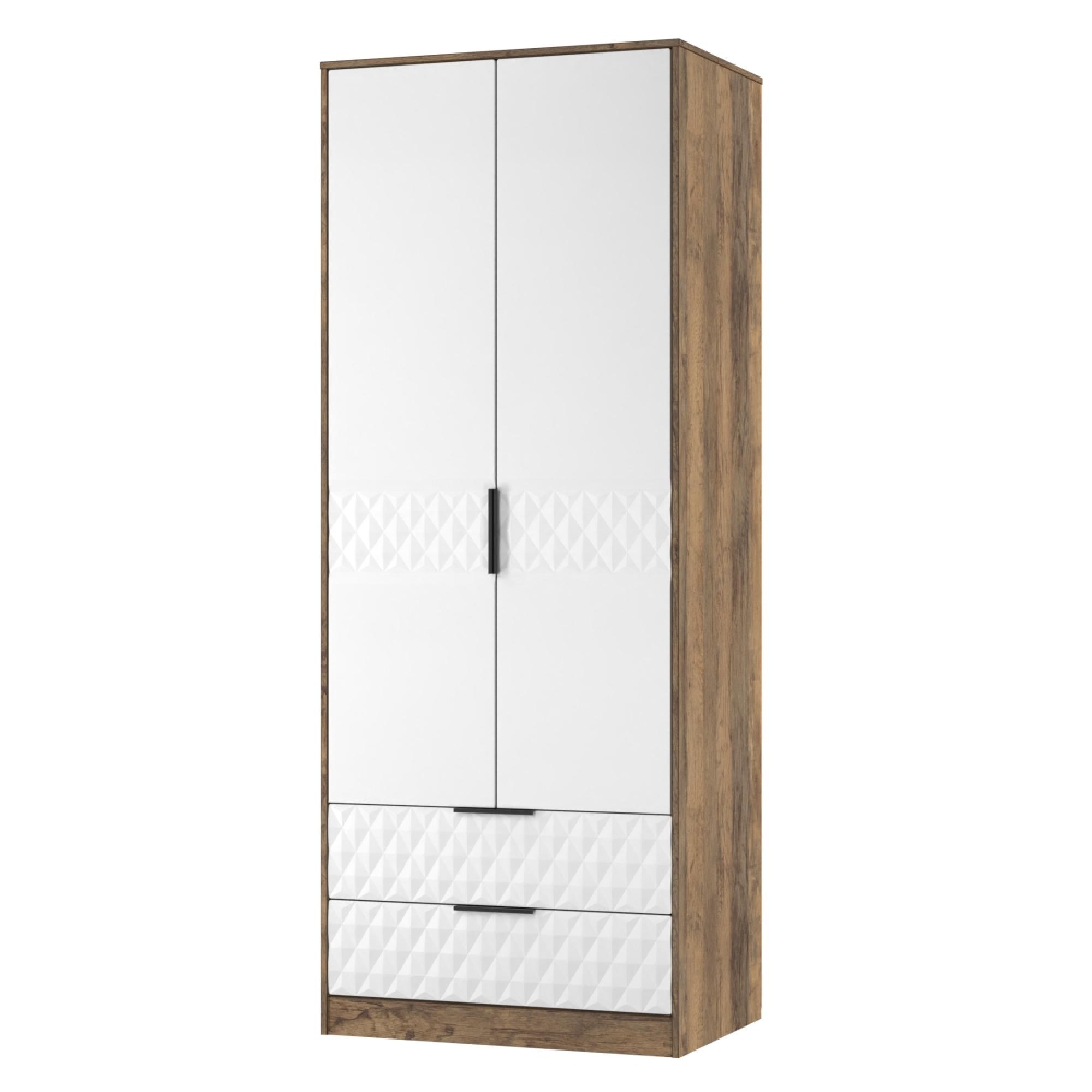 Harlequin Wardrobe - 2 Door - 2 Drawer - Tall - White Matt and Vintage Oak