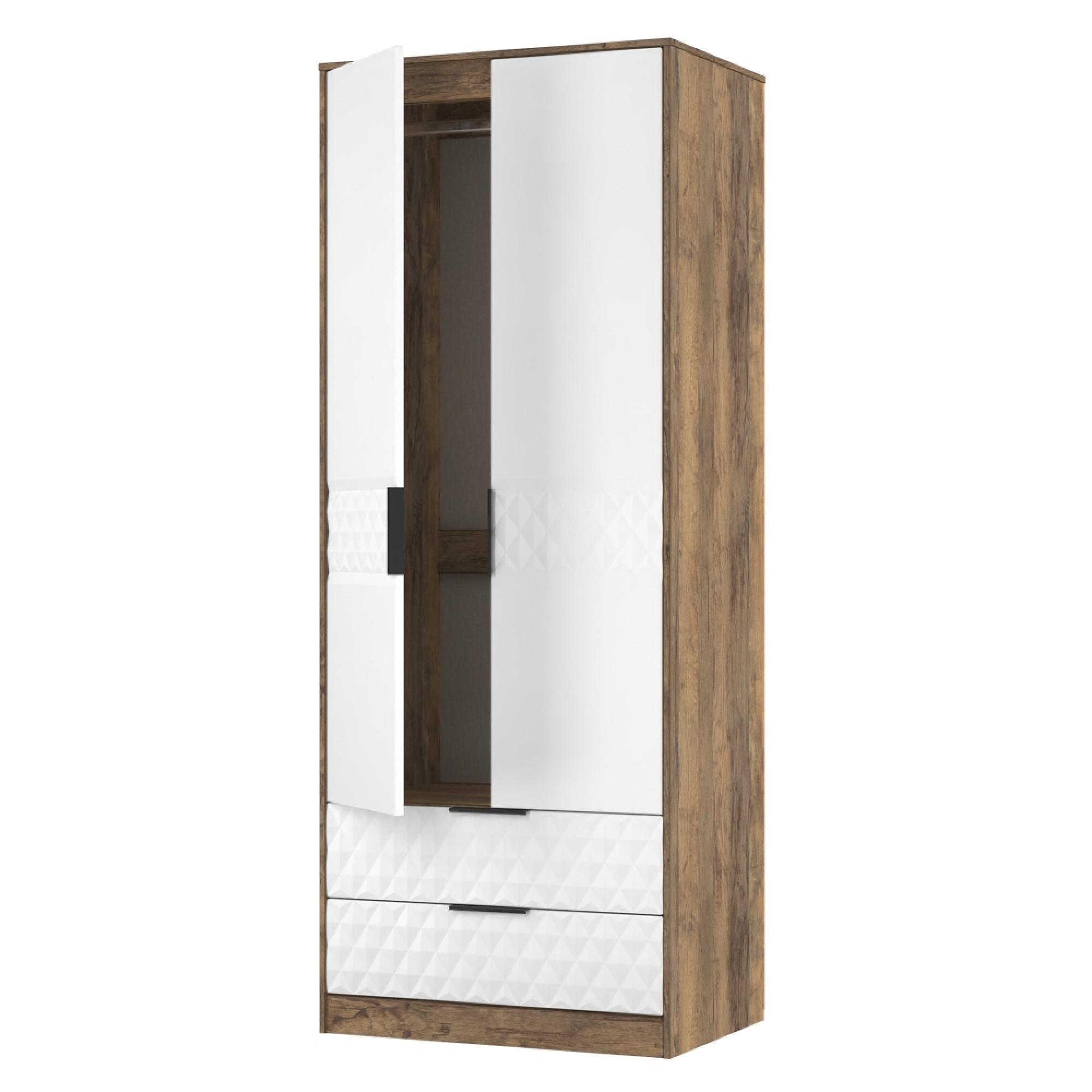 Harlequin Wardrobe - 2 Door - 2 Drawer - Tall - White Matt and Vintage Oak