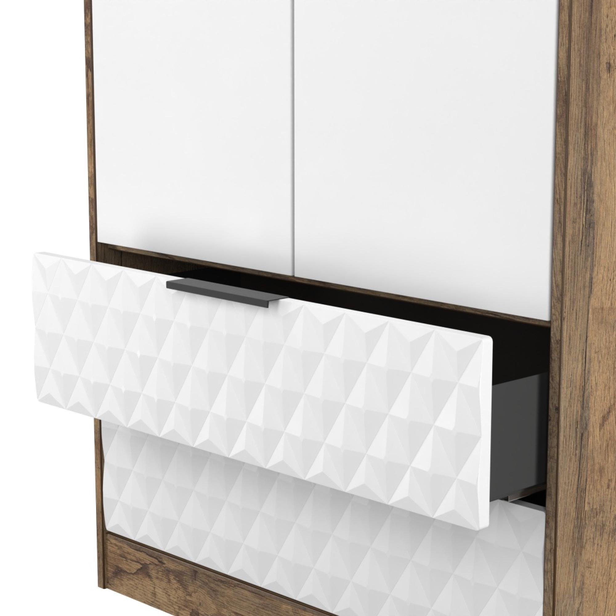 Harlequin Wardrobe - 2 Door - 2 Drawer - Tall - White Matt and Vintage Oak