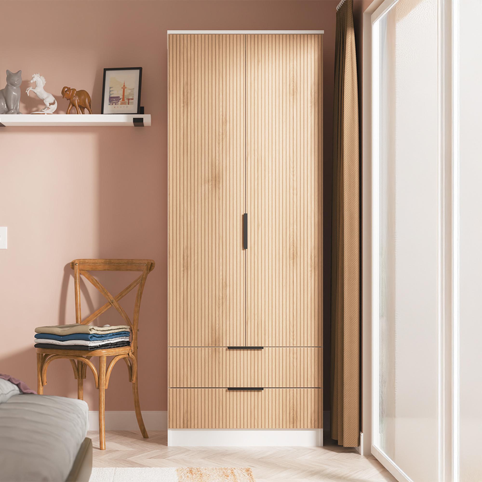 Java Fluted Wardrobe - 2 Door - 2 Drawer - Natural and White