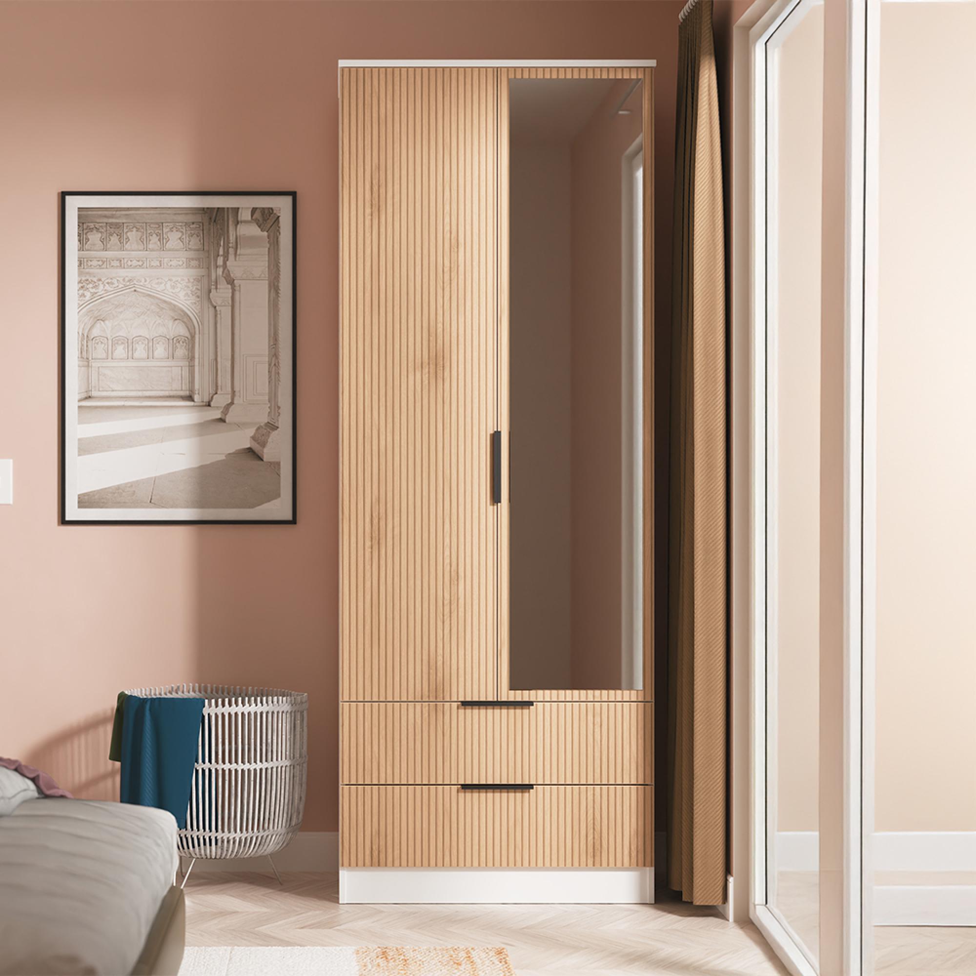 Java Fluted Wardrobe - 2 Door - Combi - 1 Mirror - Natural and White