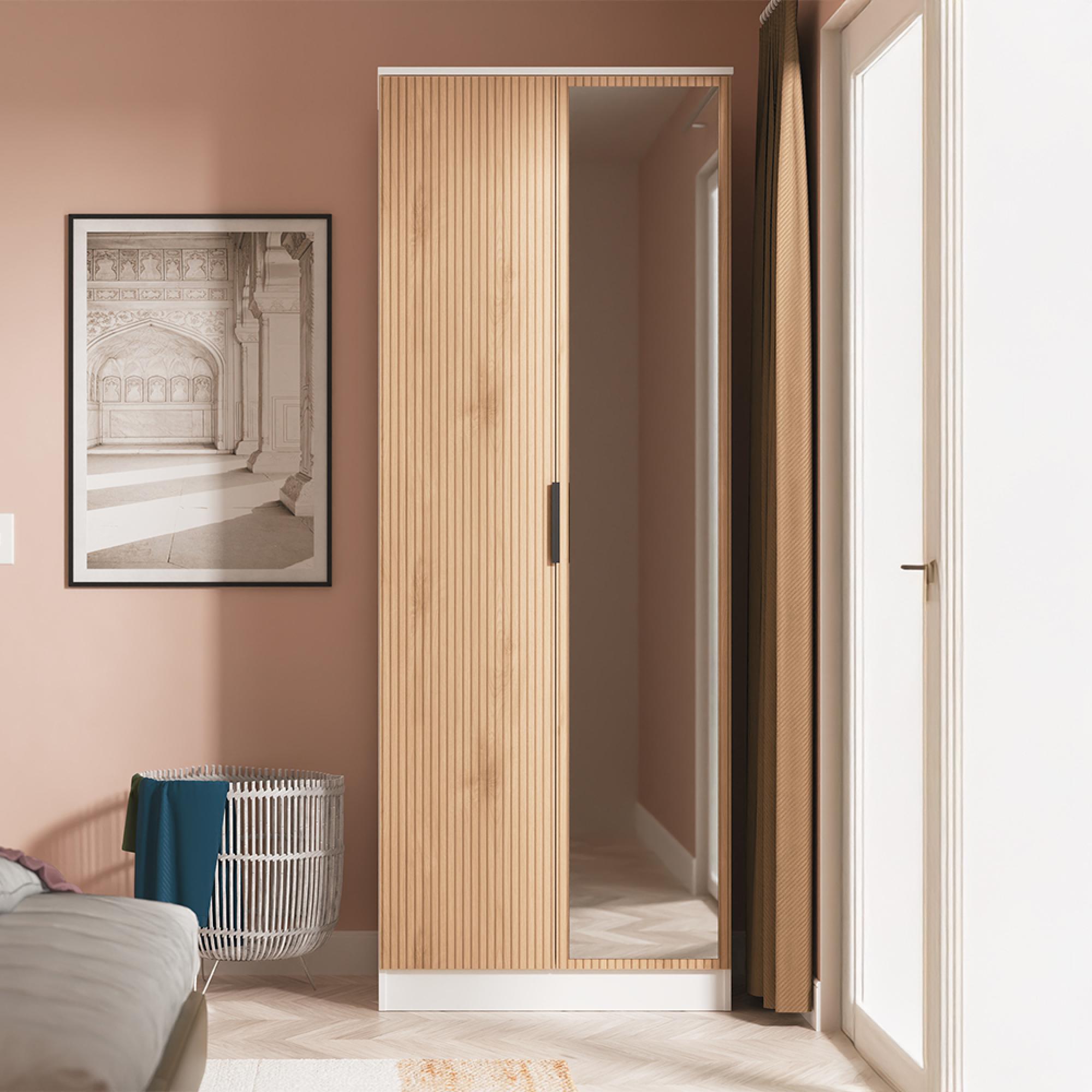 Java Fluted Wardrobe - 2 Door - Tall - 1 Mirror - Natural and White