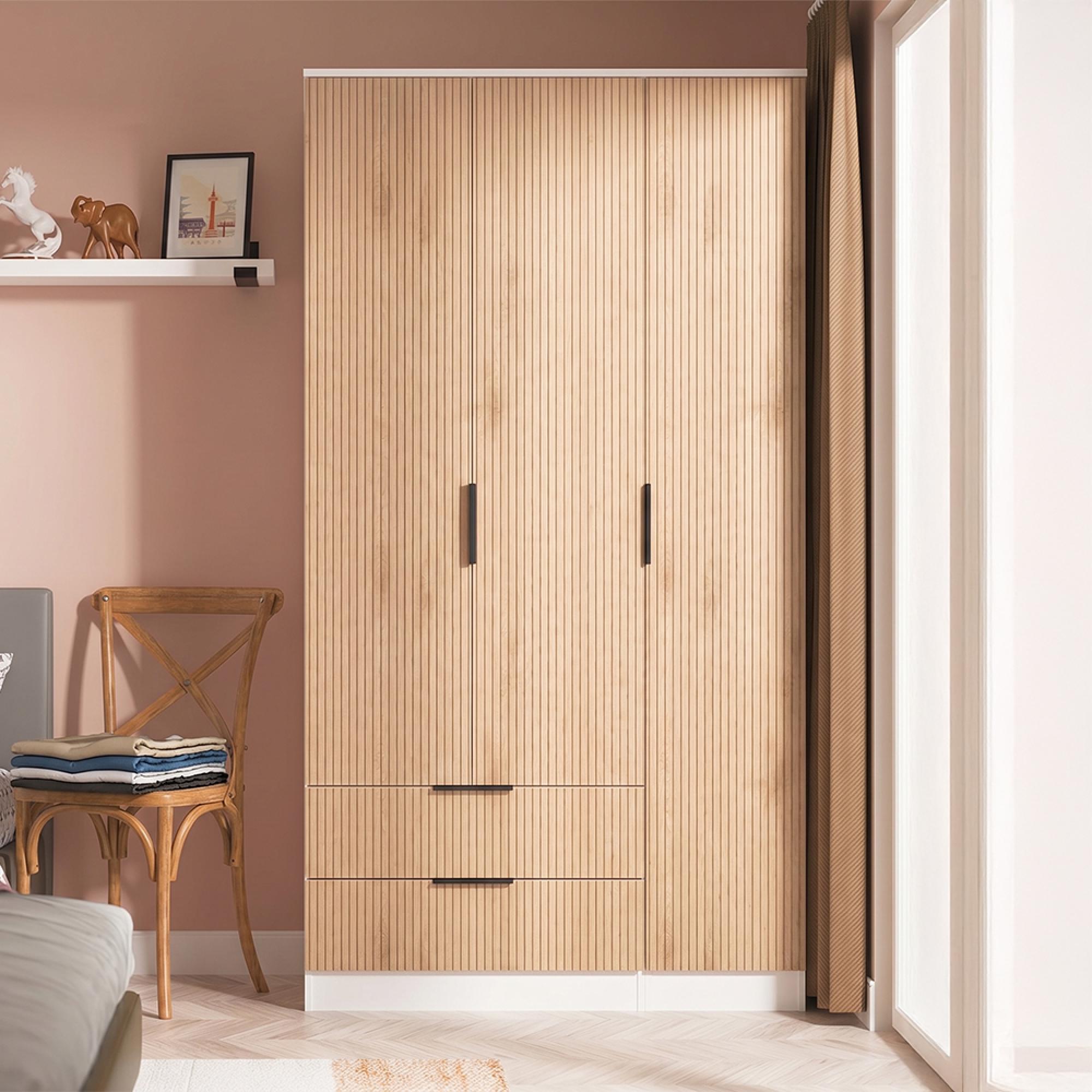 Java Fluted Wardrobe - 3 Door - 2 Drawer - Tall Triple - Natural and White