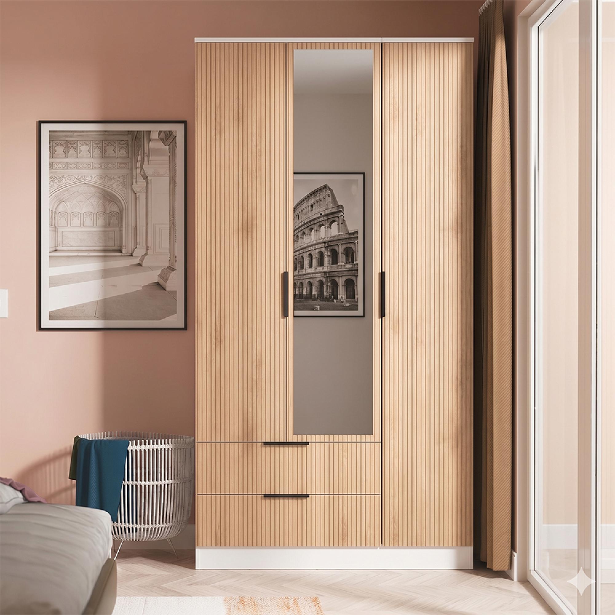 Java Fluted Wardrobe - 3 Door - Tall Triple Combi - 1 Mirror - Natural and White