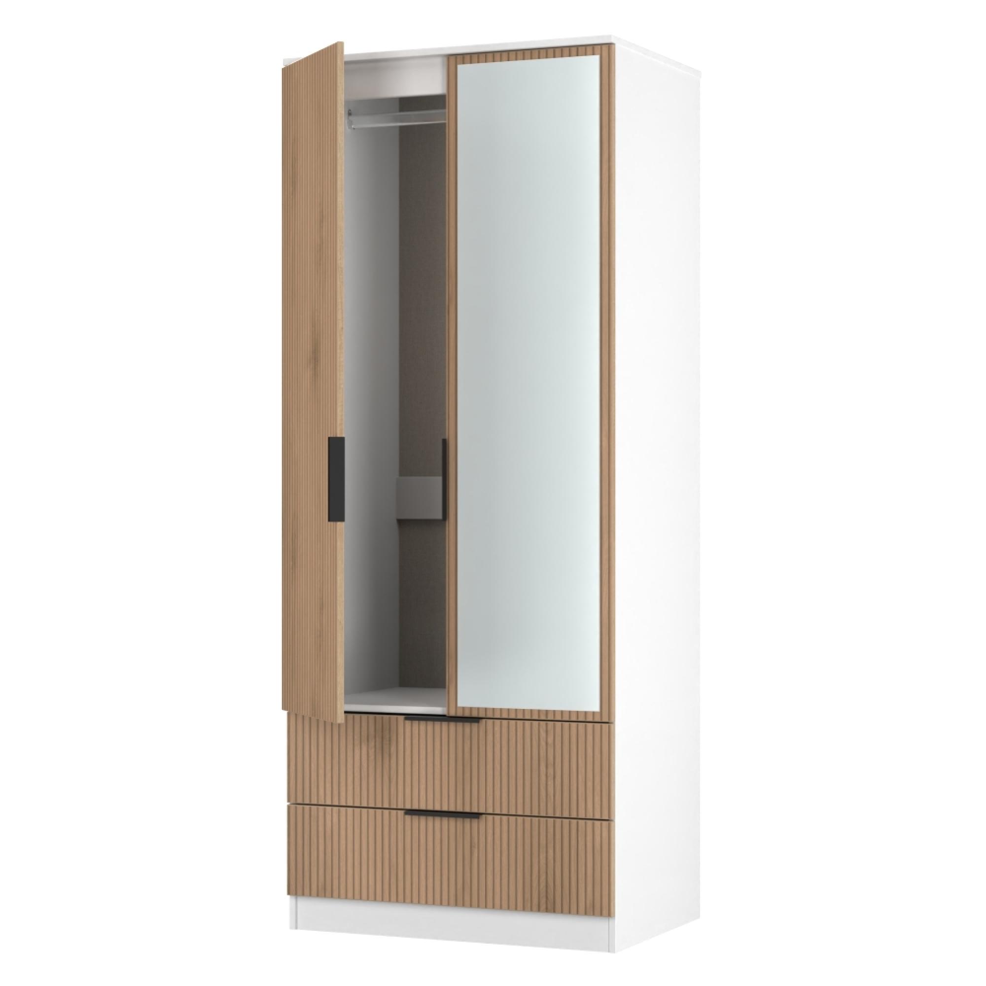 Java Fluted Wardrobe - 2 Door - Combi - 1 Mirror - Natural and White