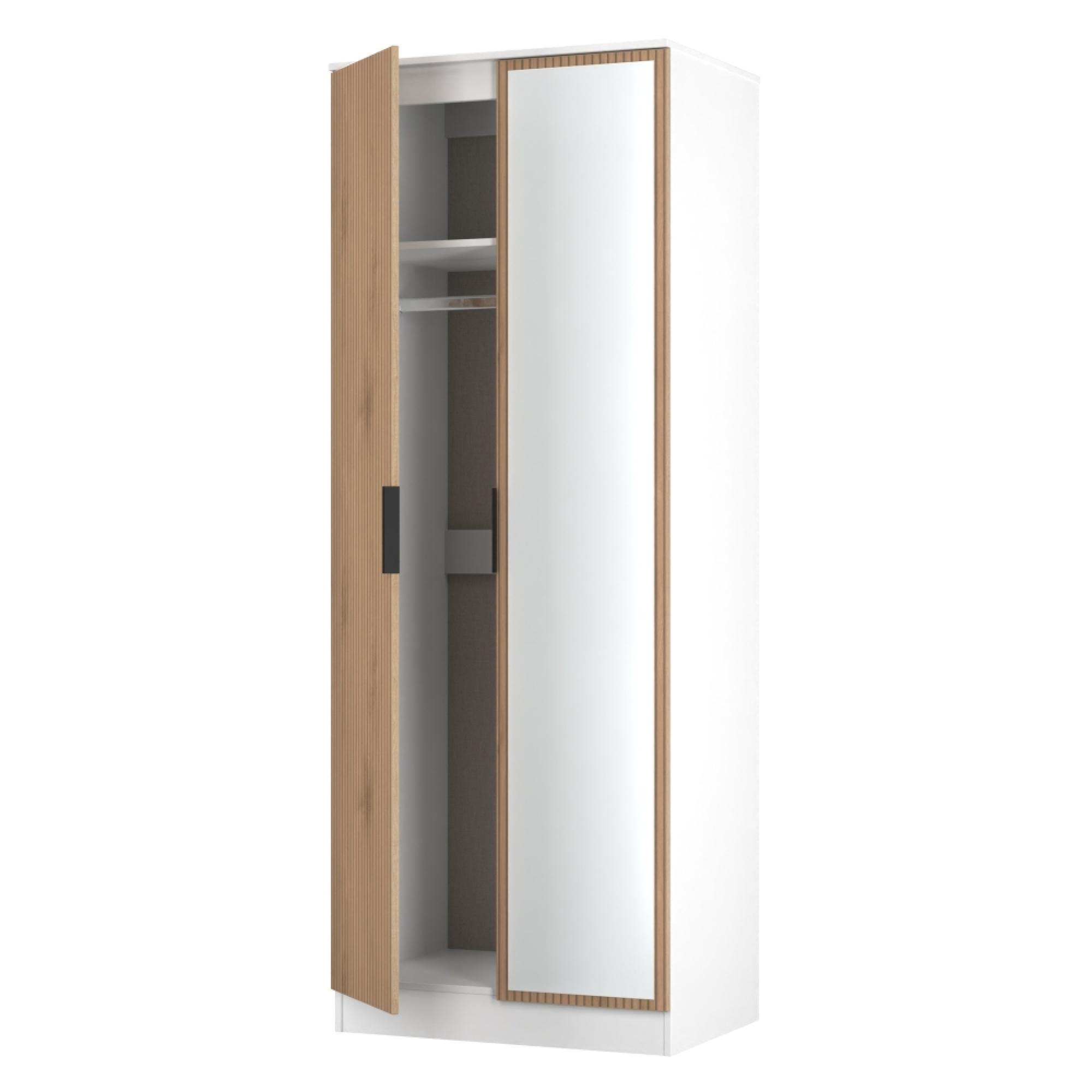 Java Fluted Wardrobe - 2 Door - Tall - 1 Mirror - Natural and White
