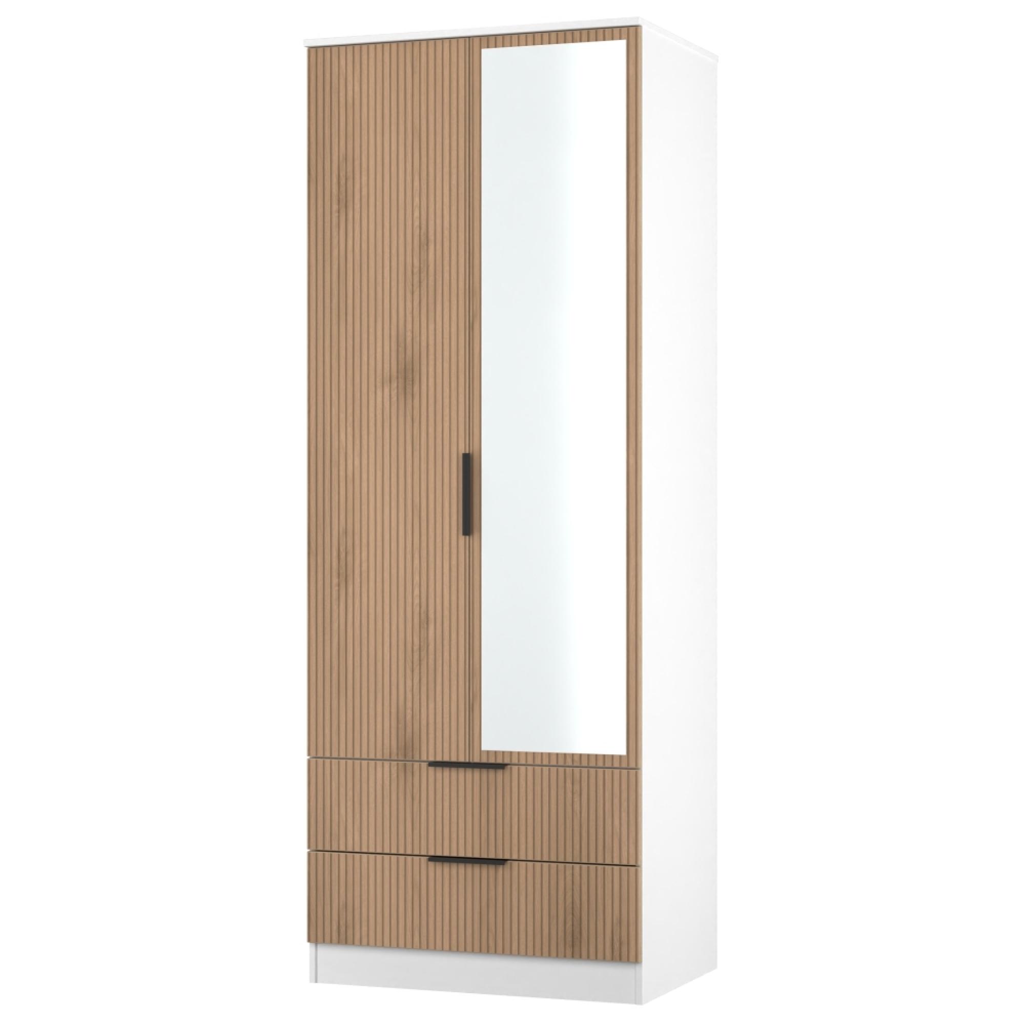 Java Fluted Wardrobe - 2 Door - Tall Combi - 1 Mirror - Natural and White