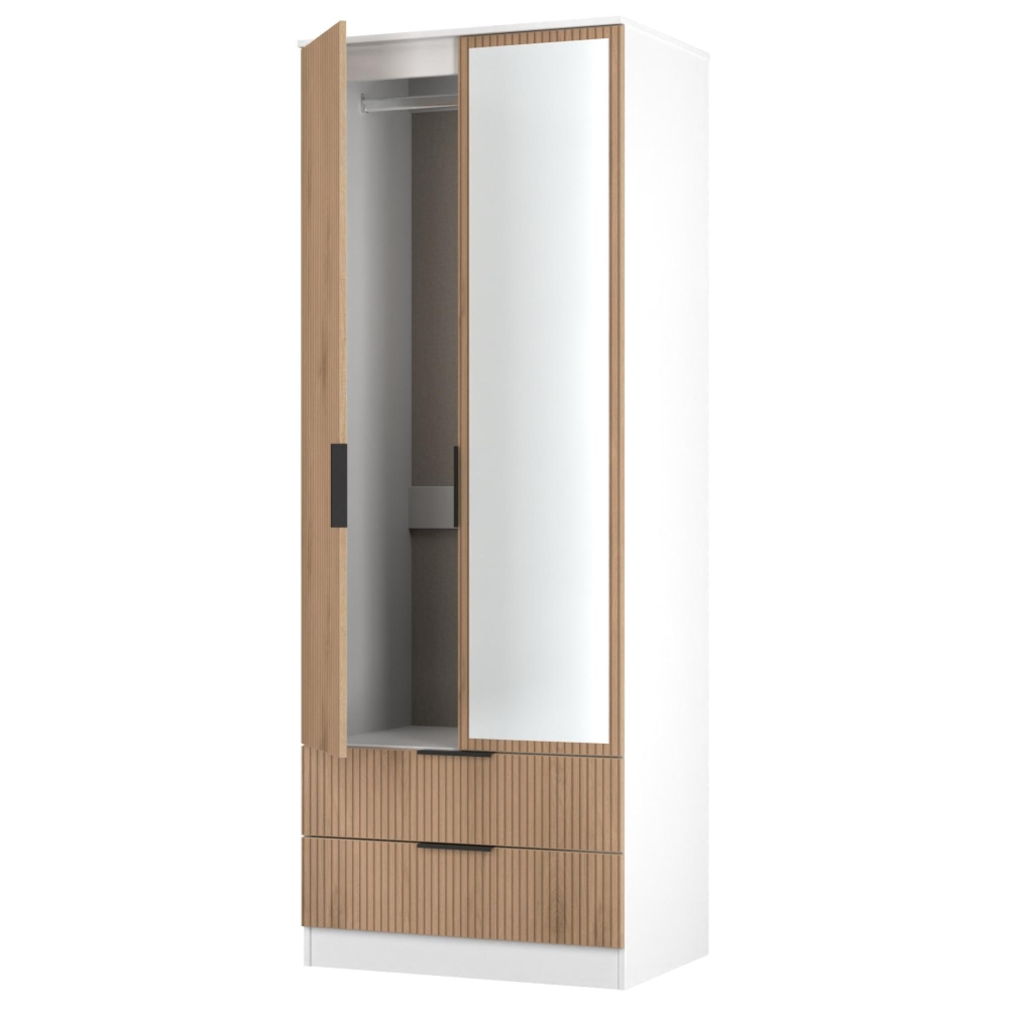 Java Fluted Wardrobe - 2 Door - Tall Combi - 1 Mirror - Natural and White