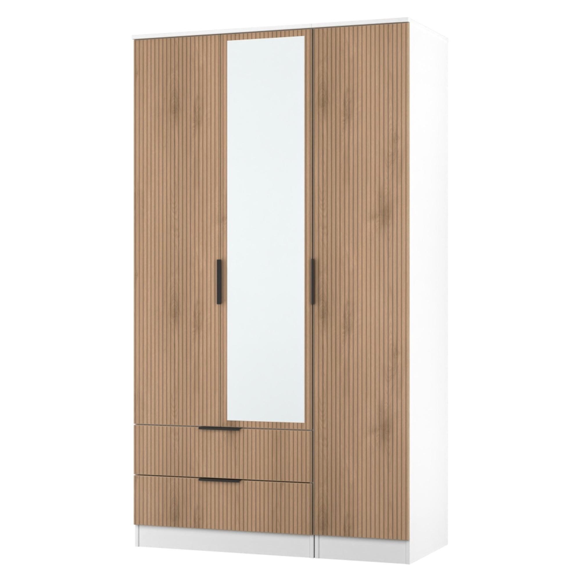 Java Fluted Wardrobe - 3 Door - Tall Triple Combi - 1 Mirror - Natural and White