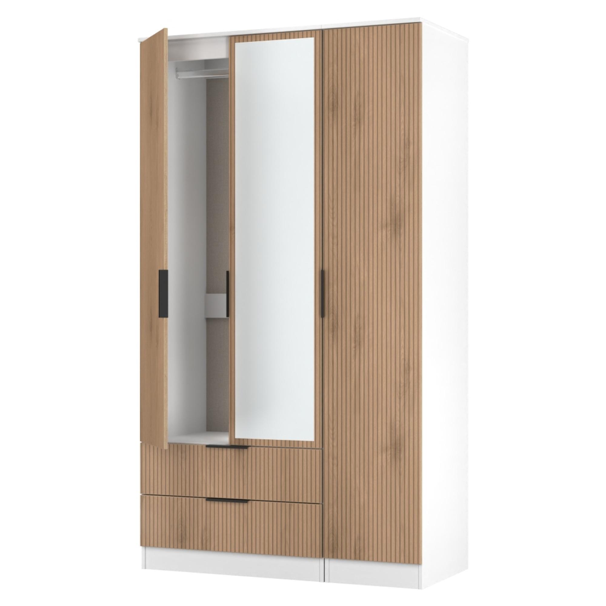 Java Fluted Wardrobe - 3 Door - Tall Triple Combi - 1 Mirror - Natural and White