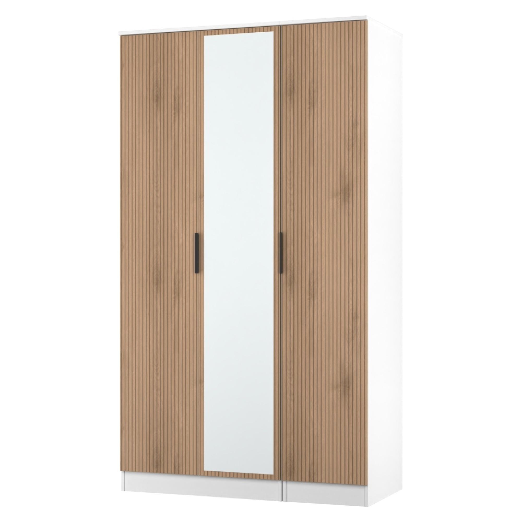 Java Fluted Wardrobe - 3 Door - Tall Triple Robe - 1 Mirror - Natural and White