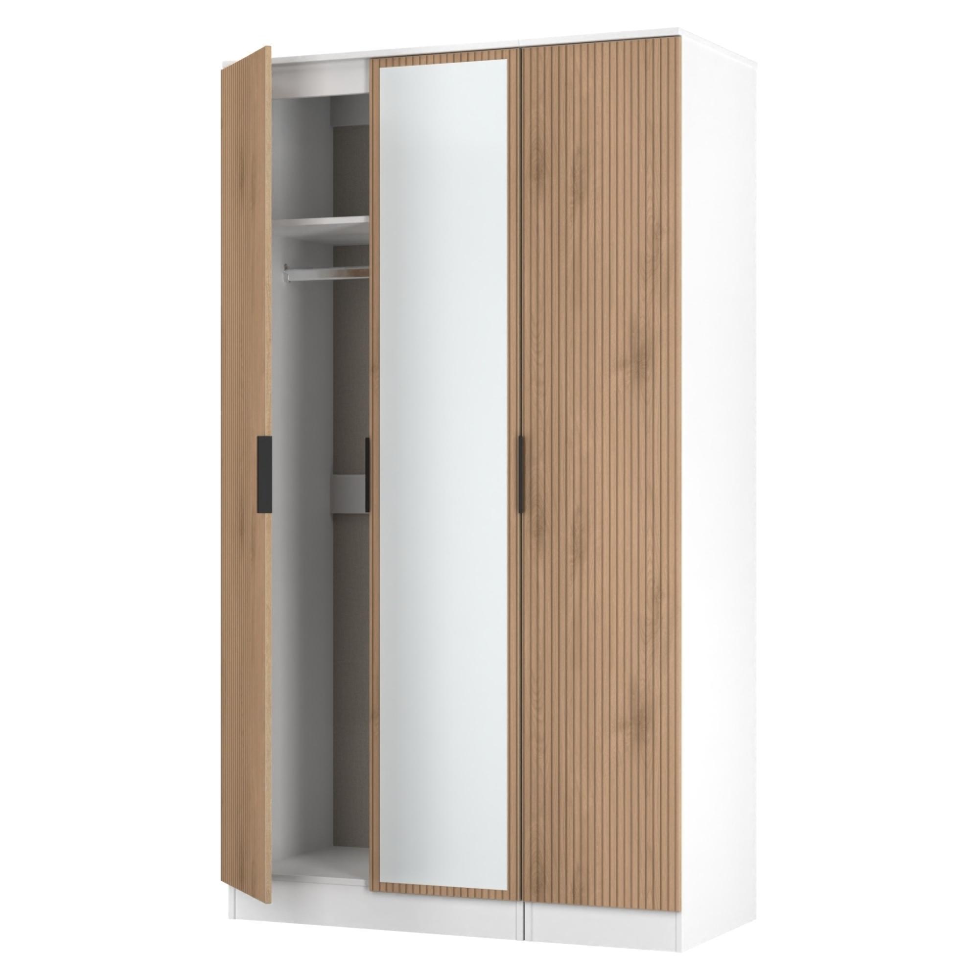 Java Fluted Wardrobe - 3 Door - Tall Triple Robe - 1 Mirror - Natural and White