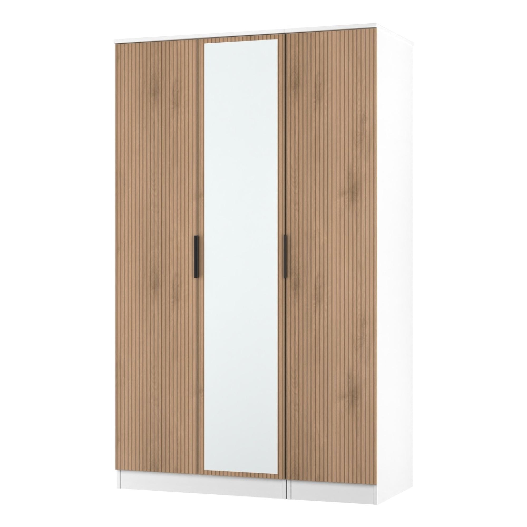 Java Fluted Wardrobe - 3 Door - Triple - 1 Mirror - Natural and White