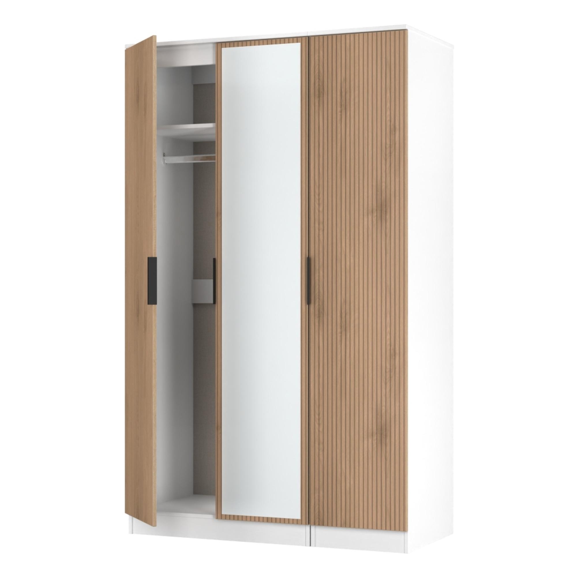 Java Fluted Wardrobe - 3 Door - Triple - 1 Mirror - Natural and White