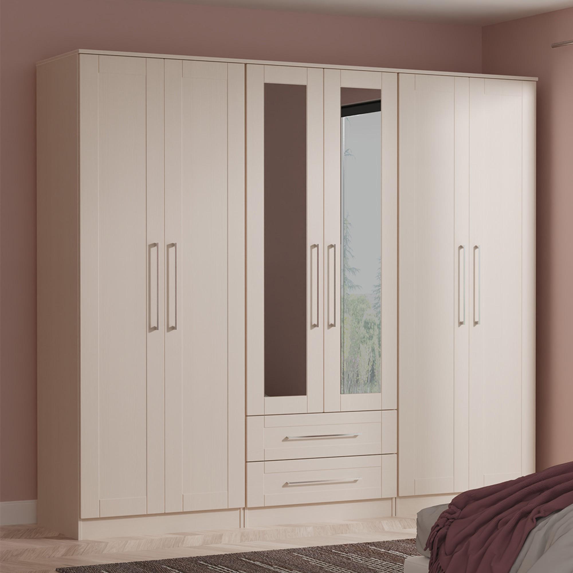 York Wardrobe - 6 Door - Tall - Mirror - Combi - Cashmere