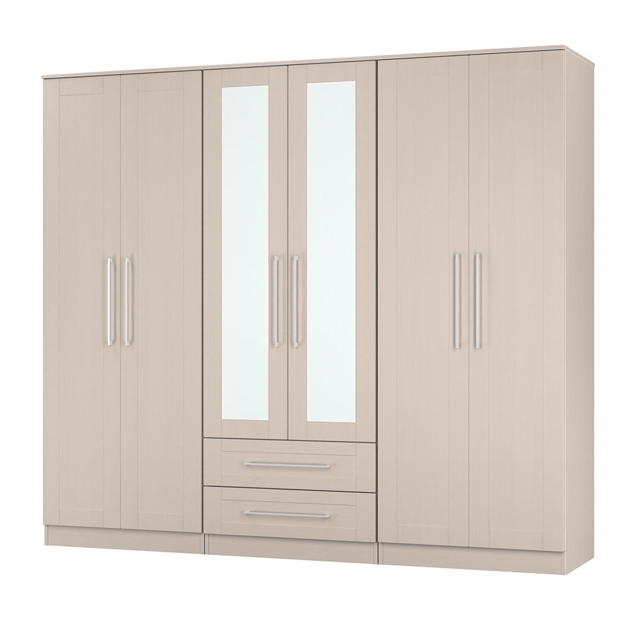 York Wardrobe - 6 Door - Tall - Mirror - Combi - Cashmere