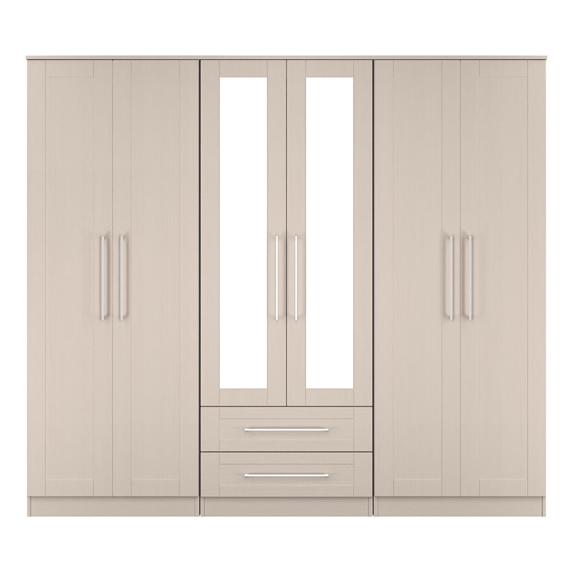 York Wardrobe - 6 Door - Tall - Mirror - Combi - Cashmere