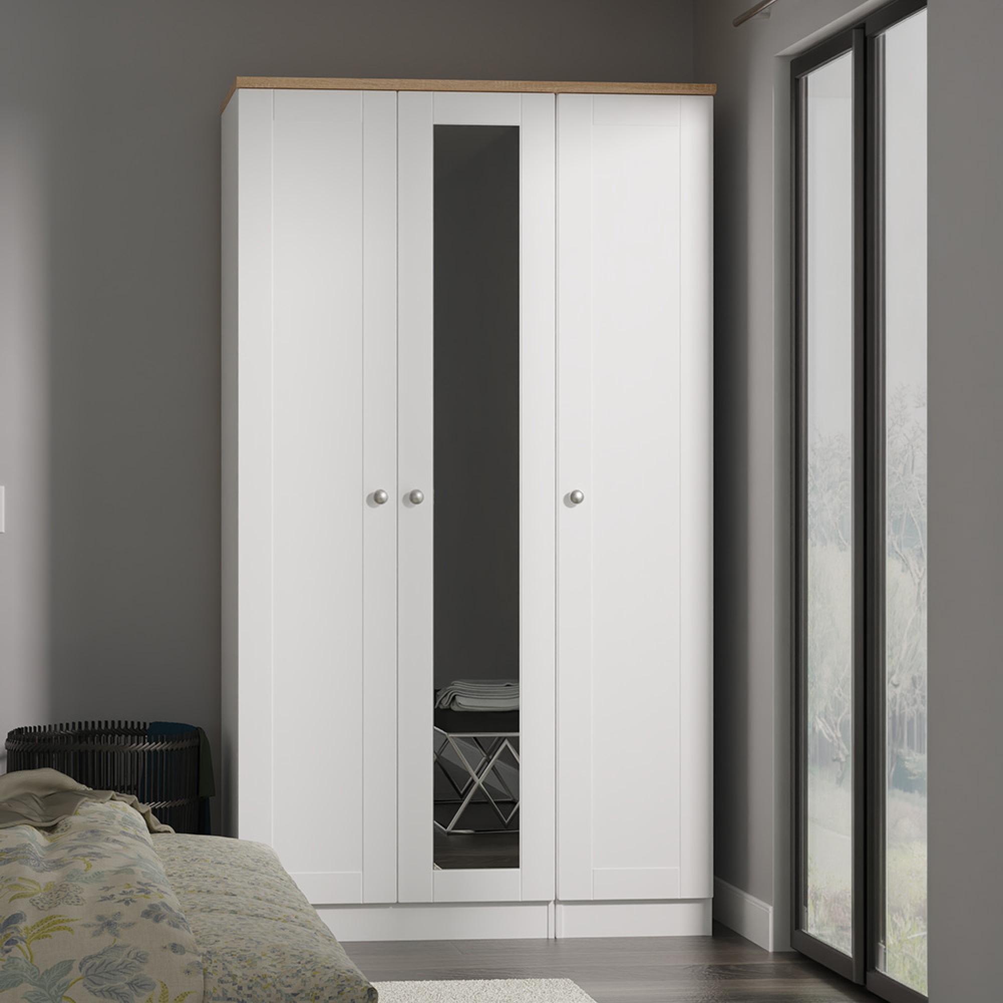 Sussex Wardrobe - 3 Door - Tall - 1 Mirror - Triple - White and Oak