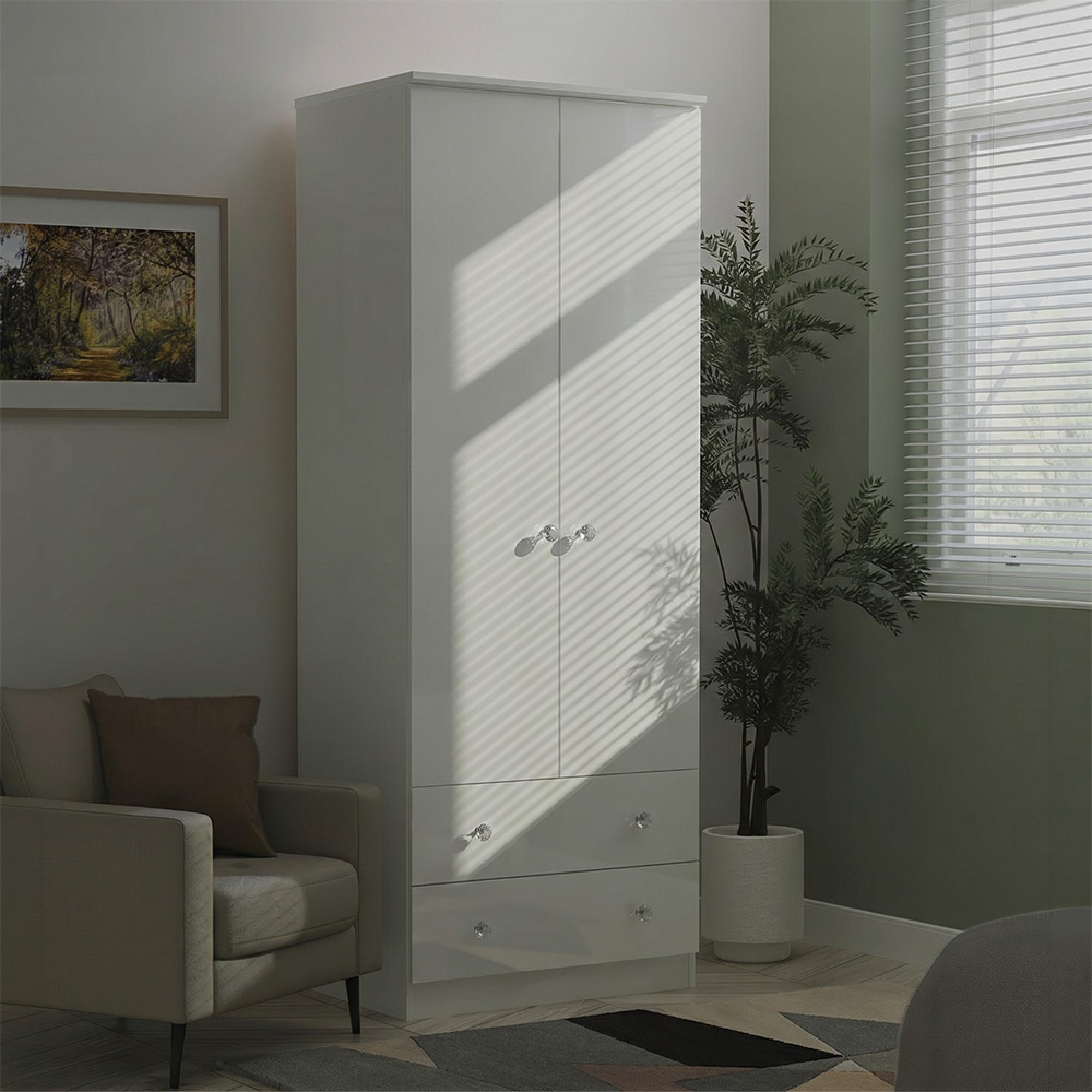 Lumiere Wardrobe - 2 Door - 2 Drawer - Tall - White Gloss