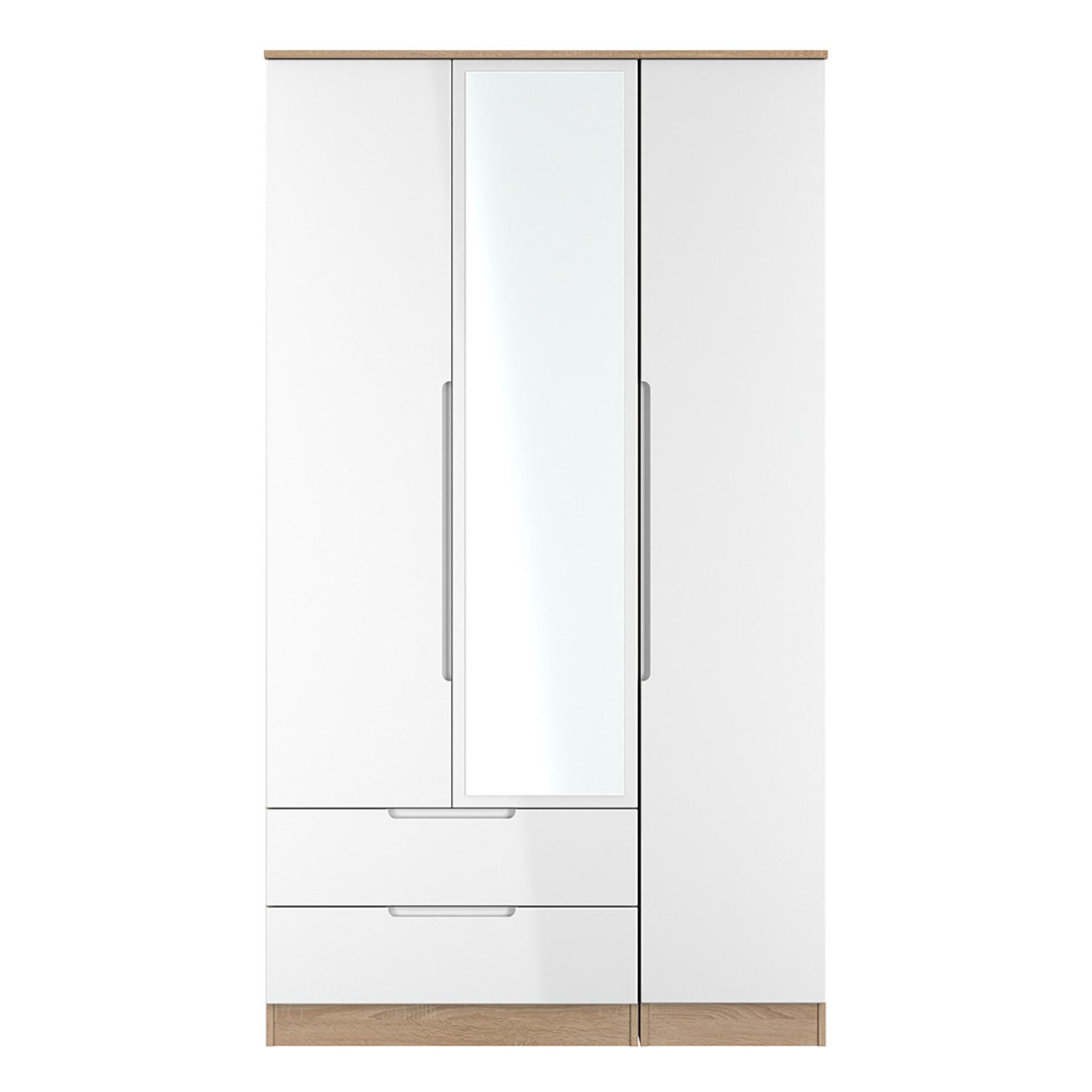 Milan Wardrobe - 3 Door - 1 Mirror - LHF 2 Drawer - Tall - Combi - White Gloss and Oak