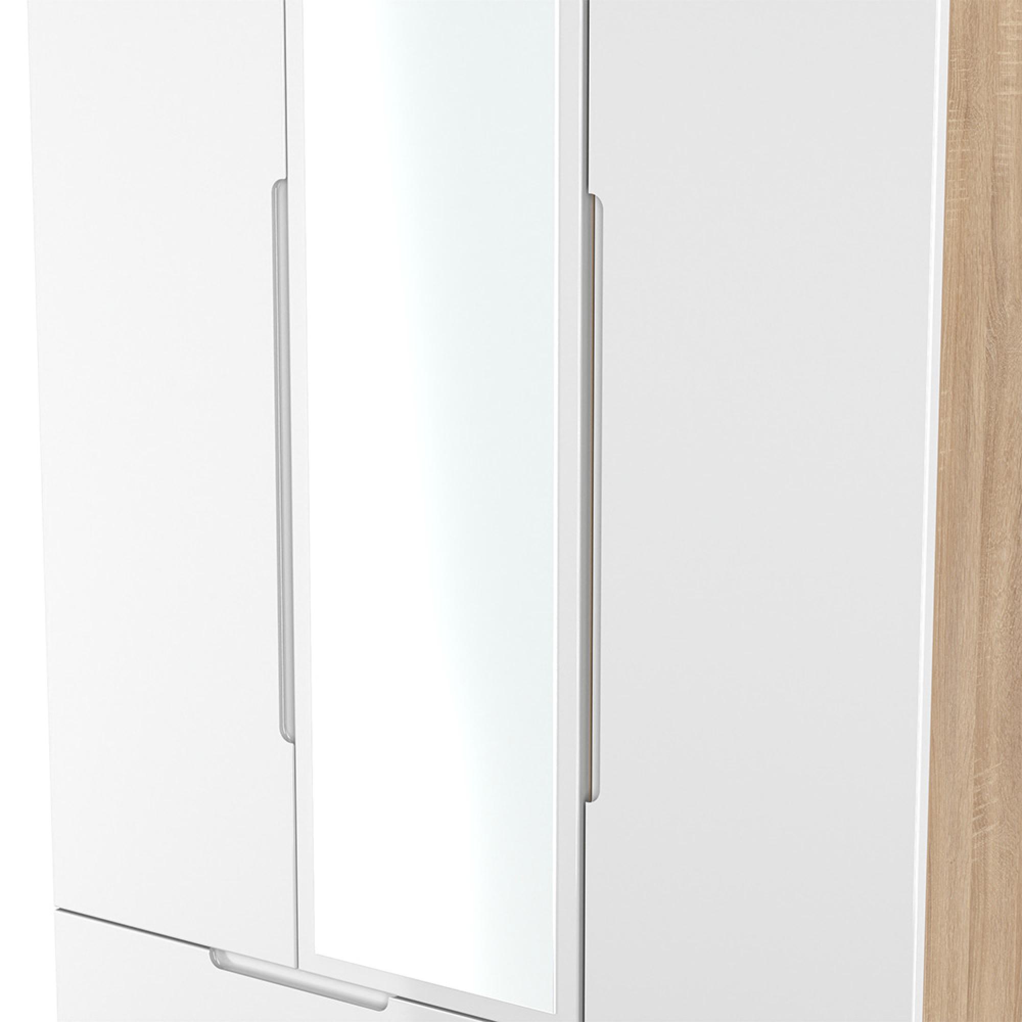 Milan Wardrobe - 3 Door - 1 Mirror - LHF 2 Drawer - Tall - Combi - White Gloss and Oak