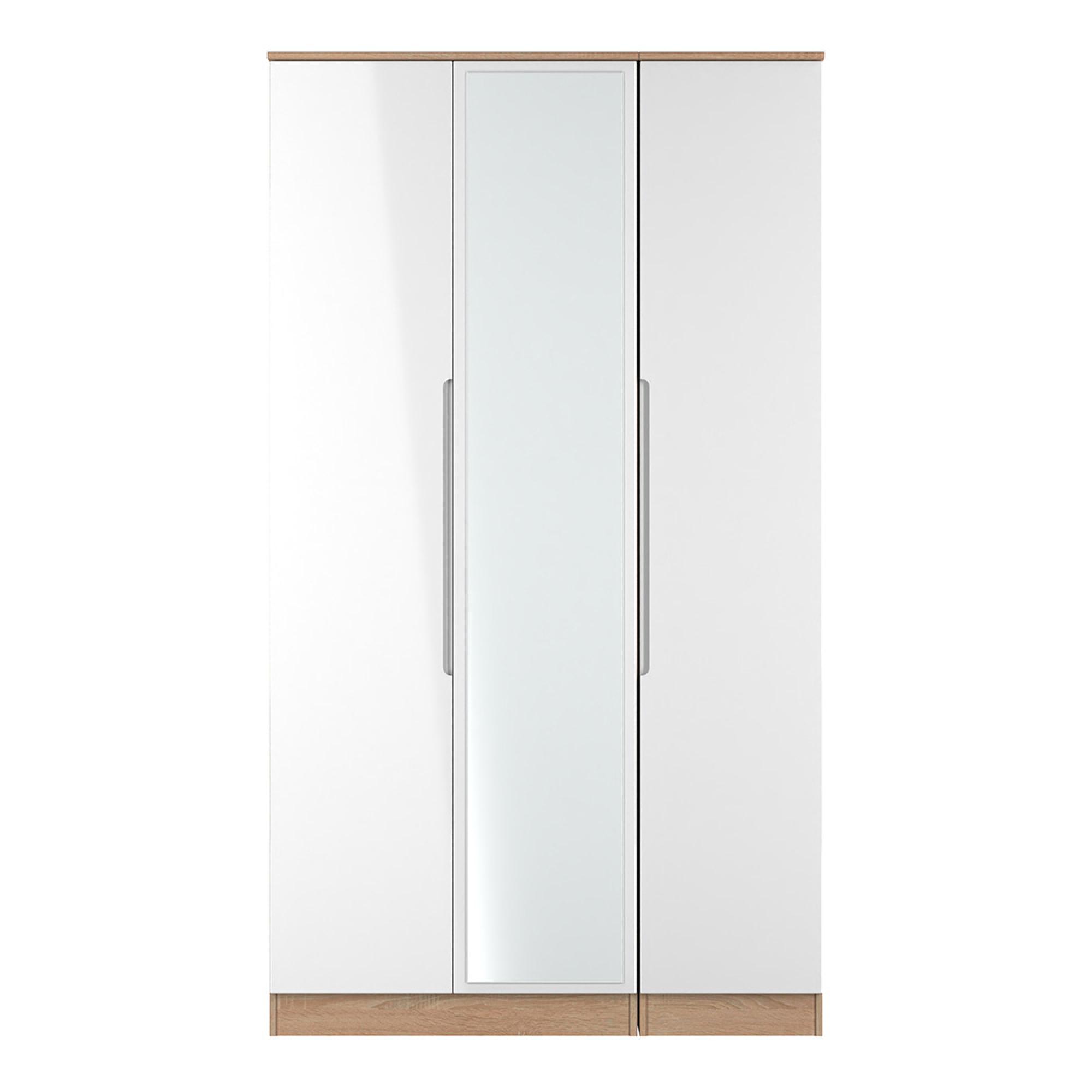 Milan Wardrobe - 3 Door - 1 Mirror - Tall - Triple - White Gloss and Oak