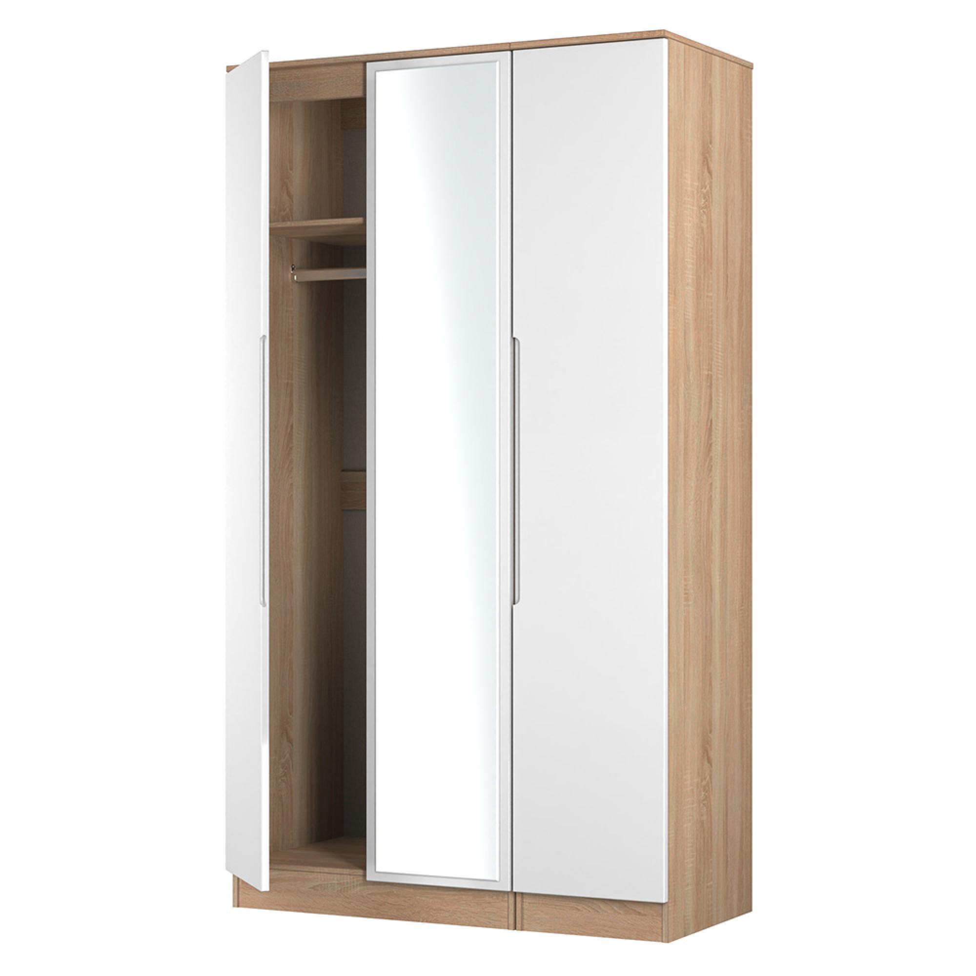 Milan Wardrobe - 3 Door - 1 Mirror - Tall - Triple - White Gloss and Oak