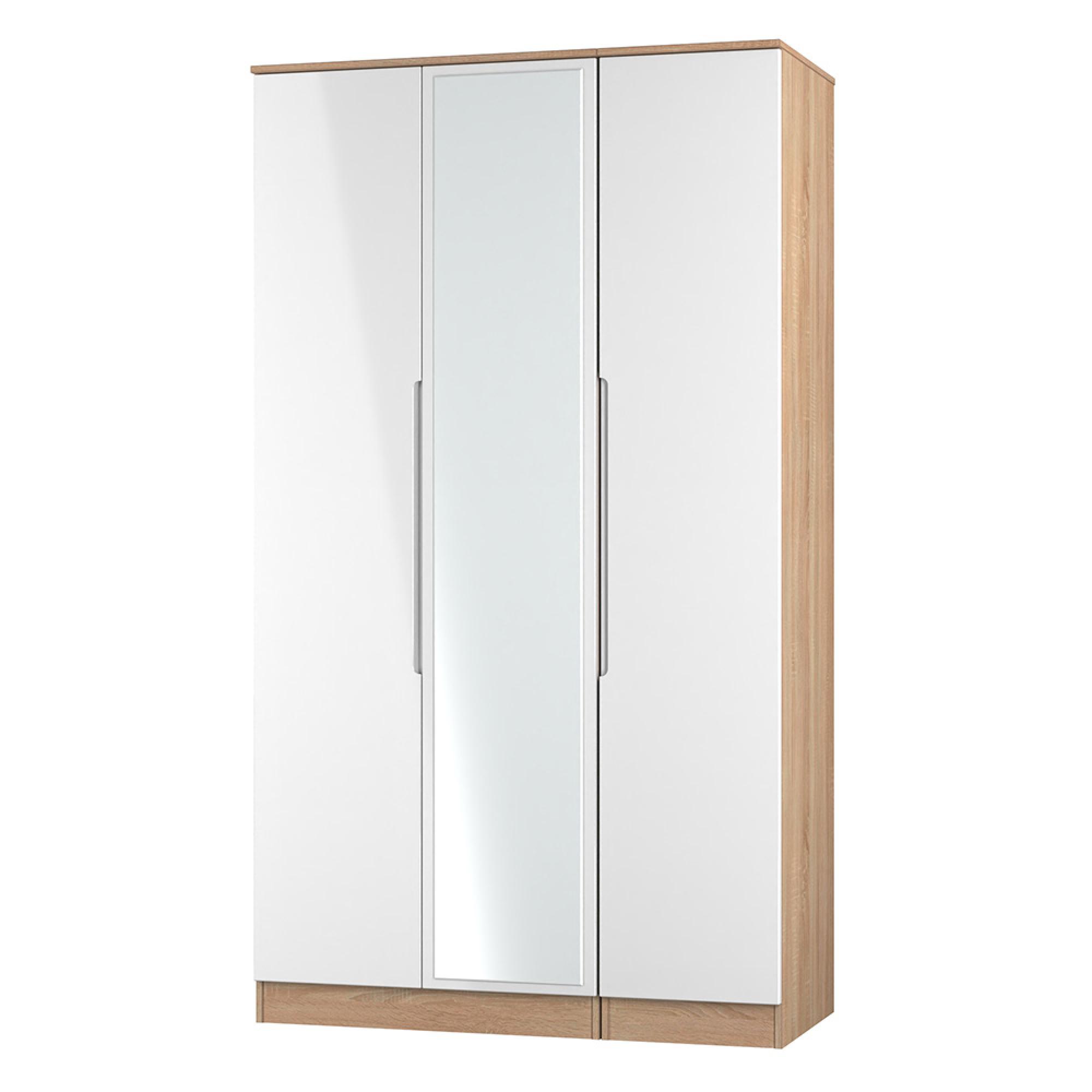 Milan Wardrobe - 3 Door - 1 Mirror - Tall - Triple - White Gloss and Oak