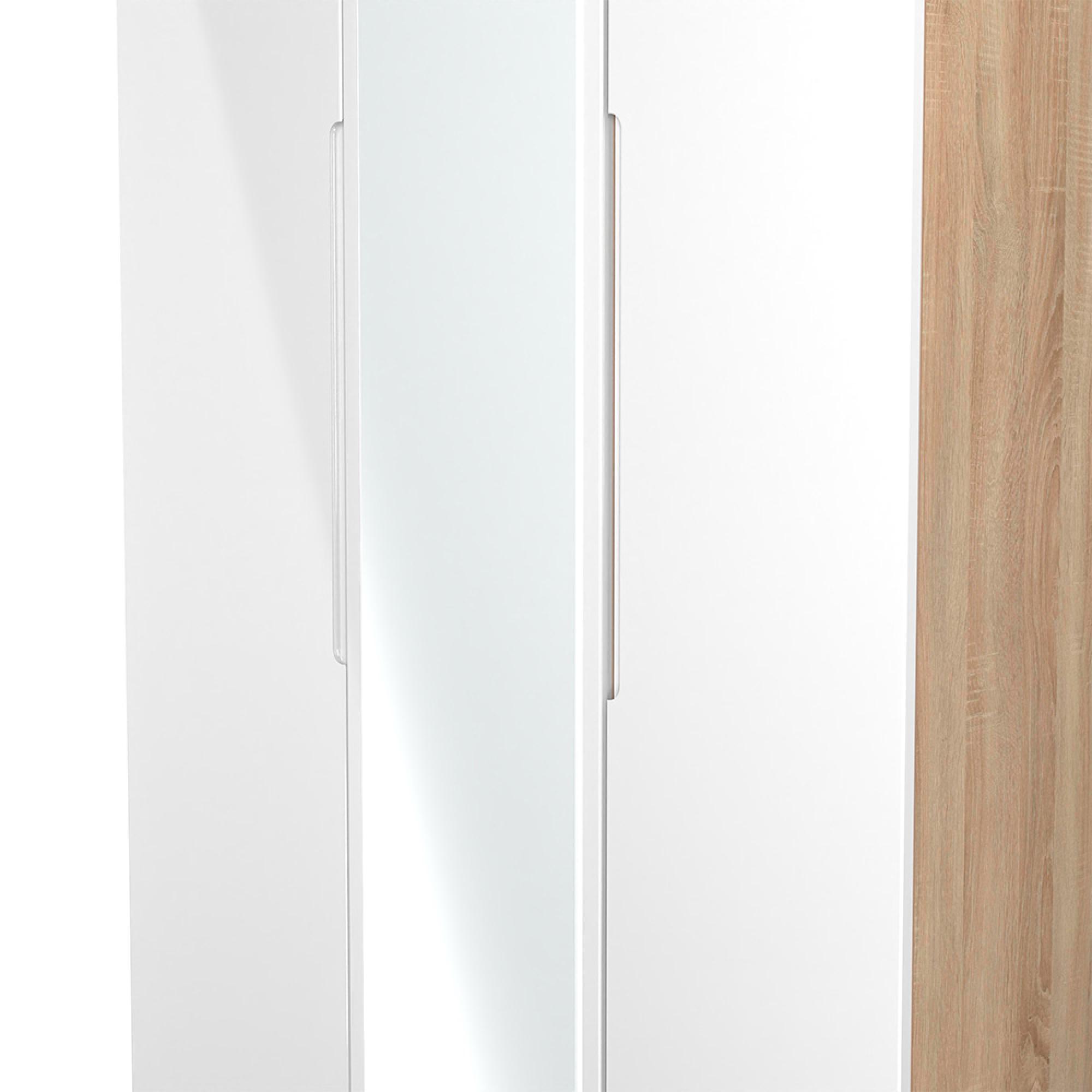 Milan Wardrobe - 3 Door - 1 Mirror - Tall - Triple - White Gloss and Oak